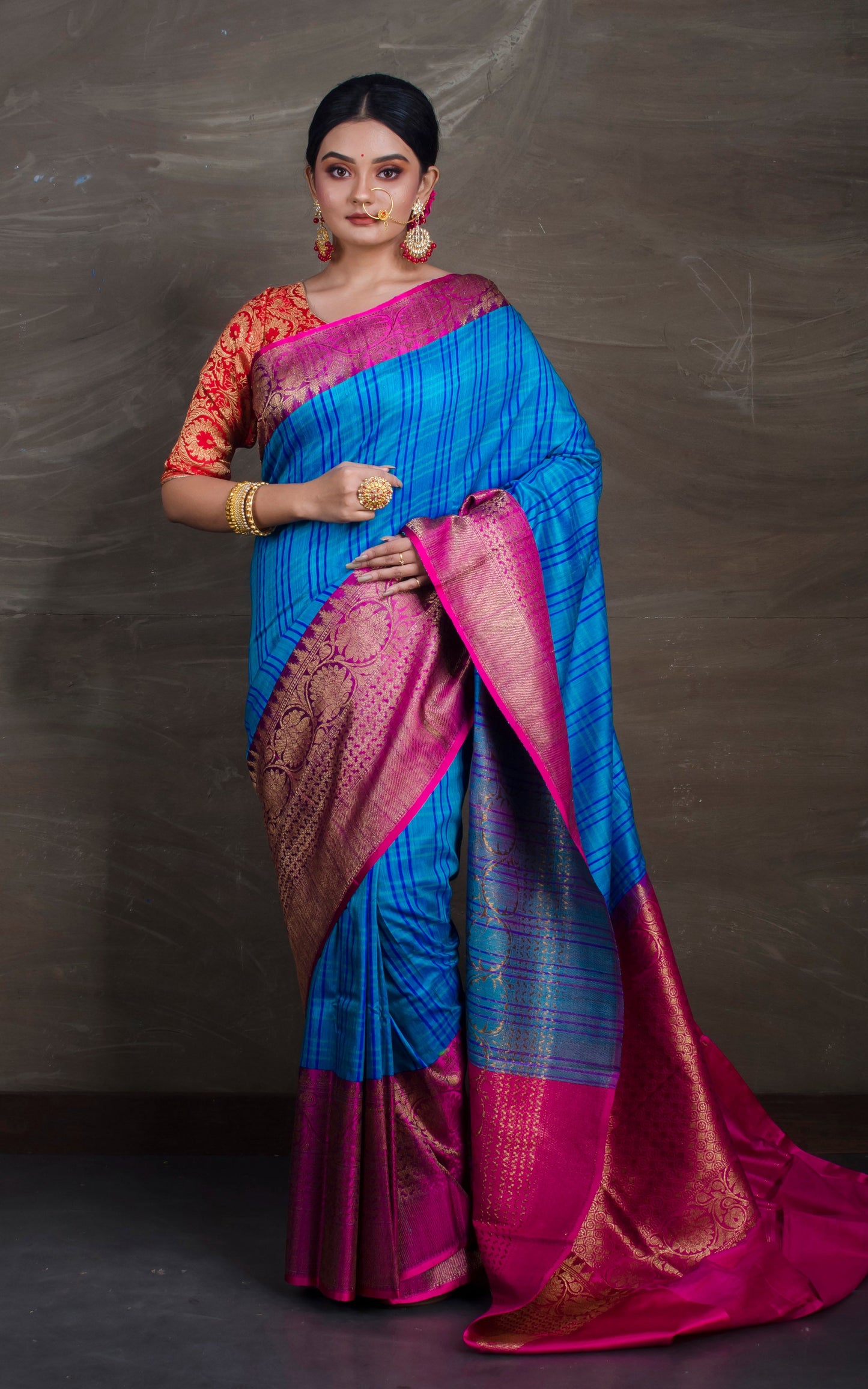 Pure Dupion Tussar Banarasi Saree in Blue and Rani - Bengal Looms India