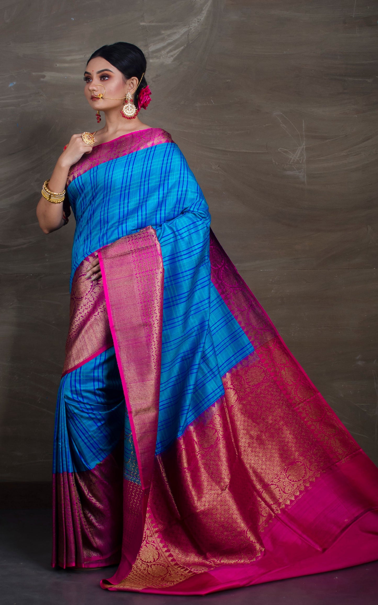 Pure Dupion Tussar Banarasi Saree in Blue and Rani - Bengal Looms India