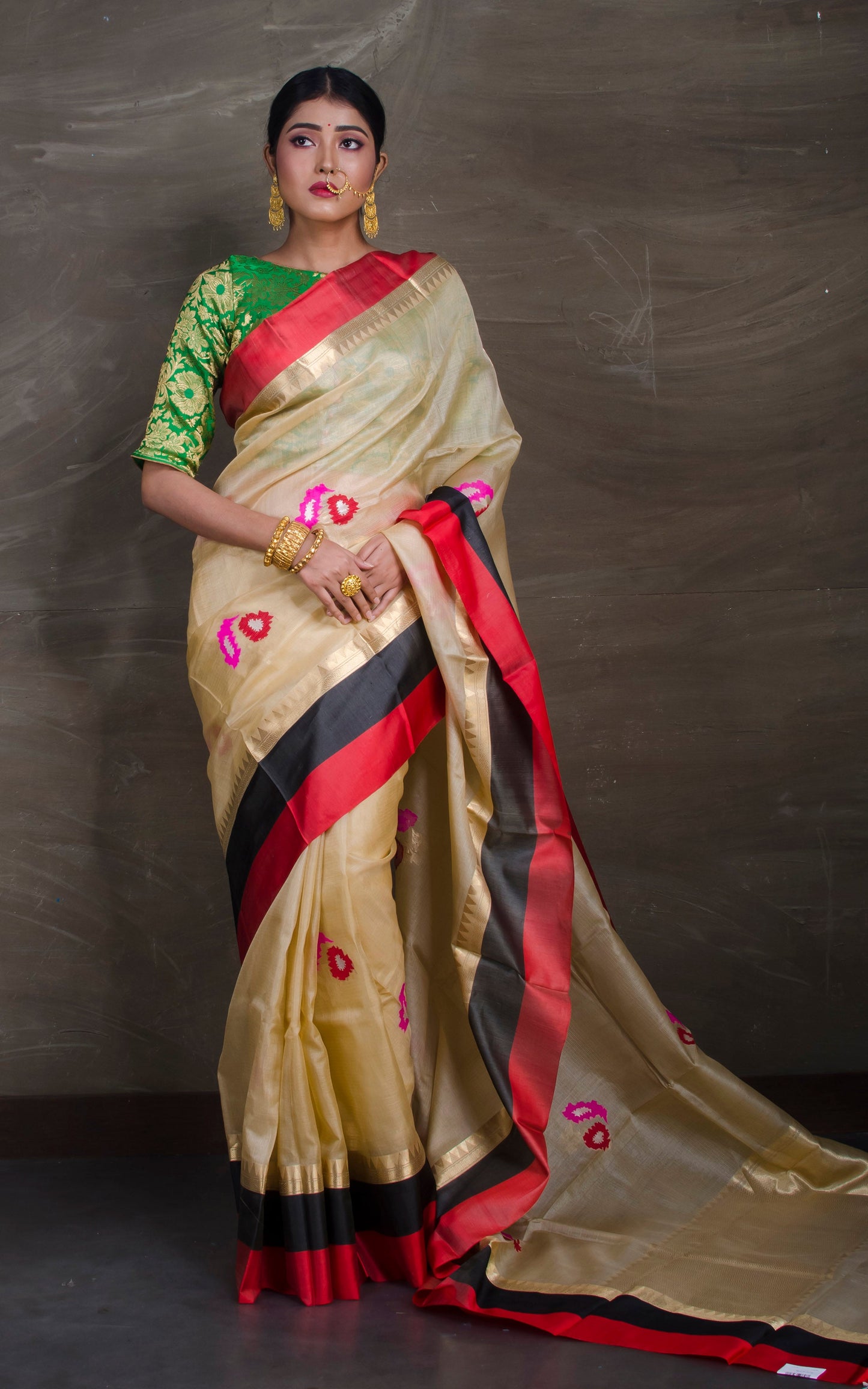 Alfi Work Tussar Banarasi Saree with Satin Border in Beige and Multicolored Thread Work - Bengal Looms India