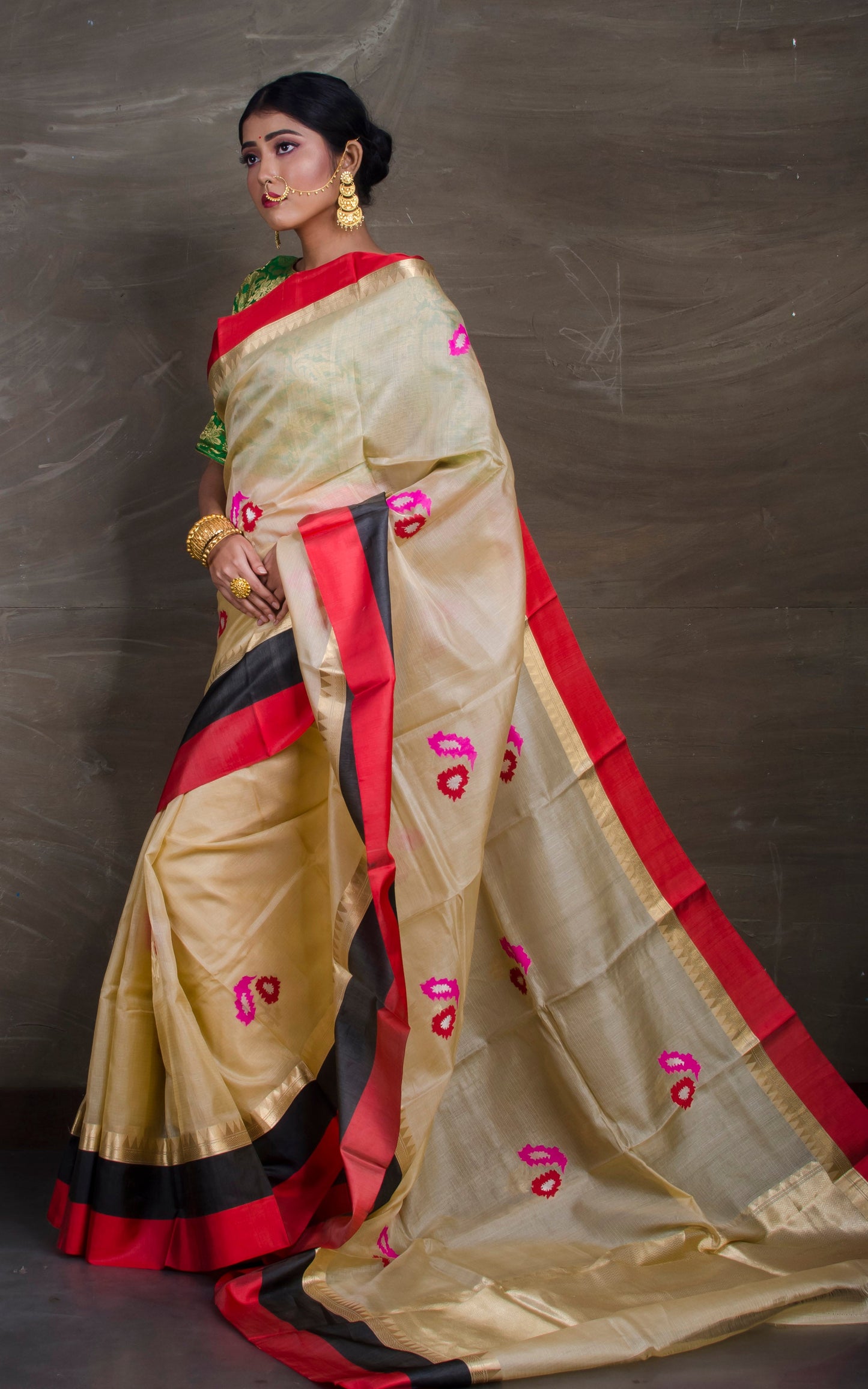 Alfi Work Tussar Banarasi Saree with Satin Border in Beige and Multicolored Thread Work - Bengal Looms India