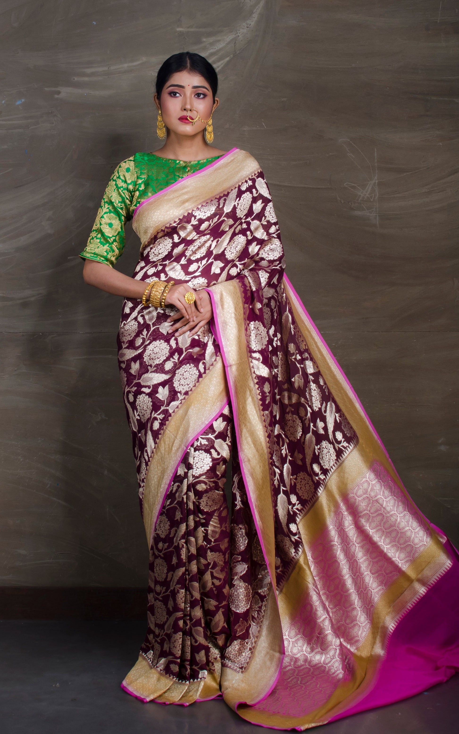 Pure Georgette Brocade Banarasi Saree in Wine Red and Magenta