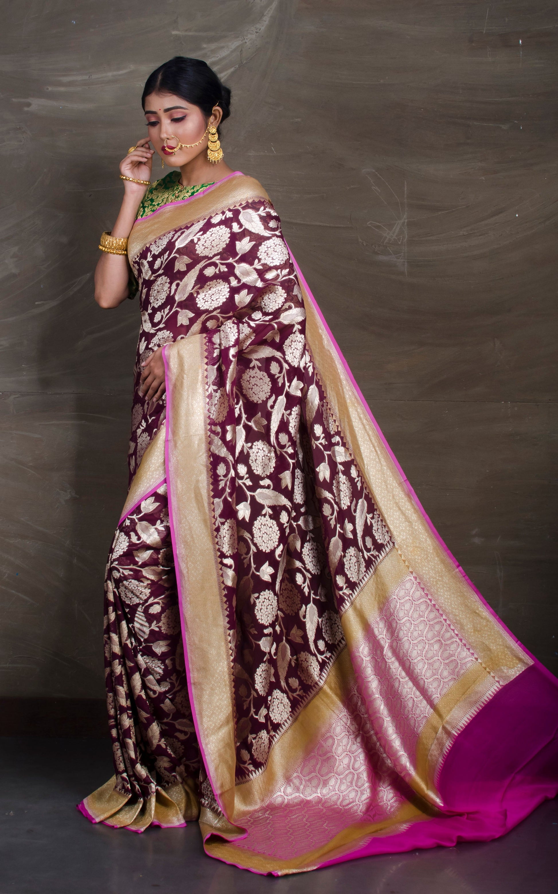 Pure Georgette Brocade Banarasi Saree in Wine Red and Magenta