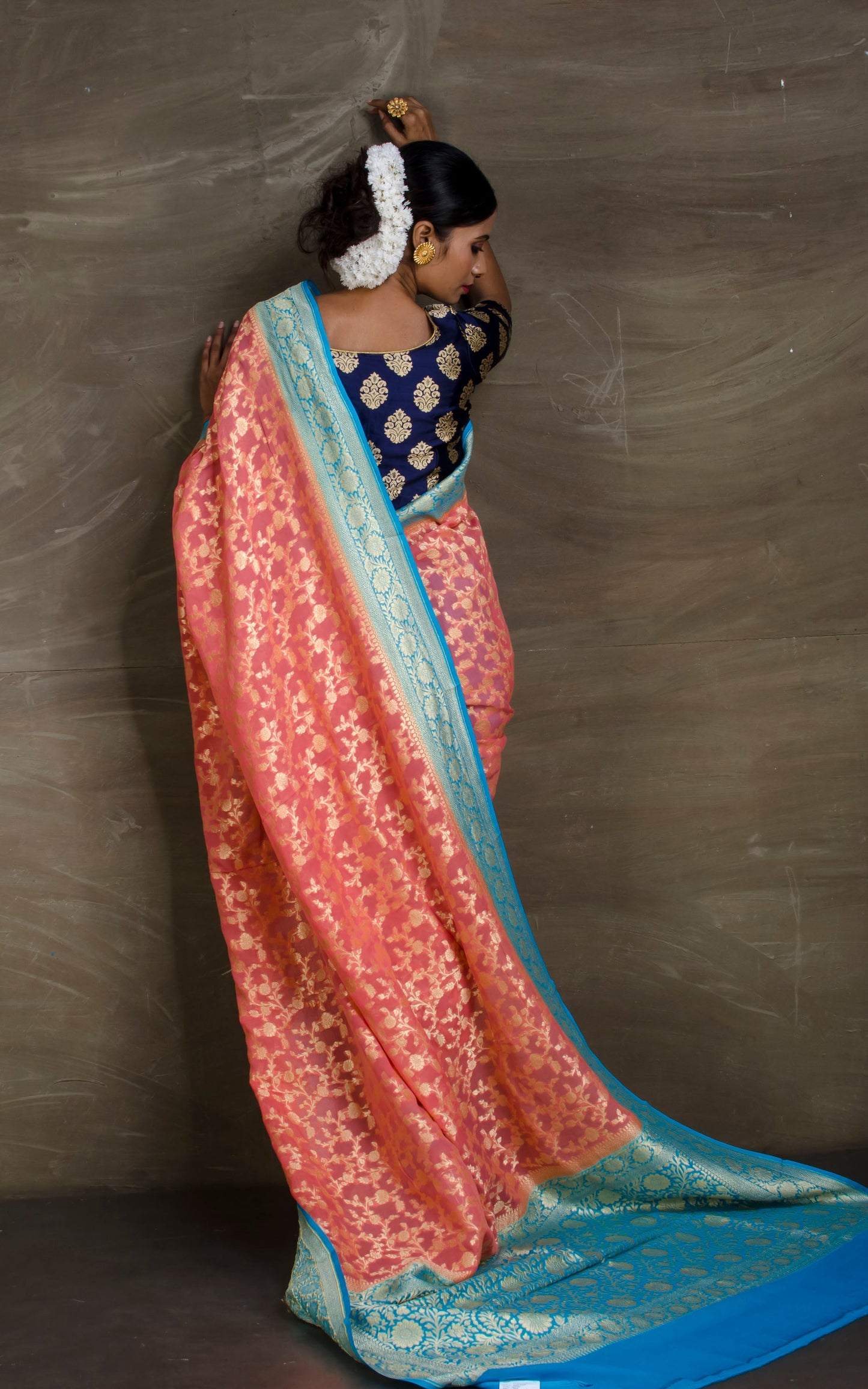 Pure Khaddi Georgette Banarasi Saree in Watermelon and Sky Blue from Bengal Looms India