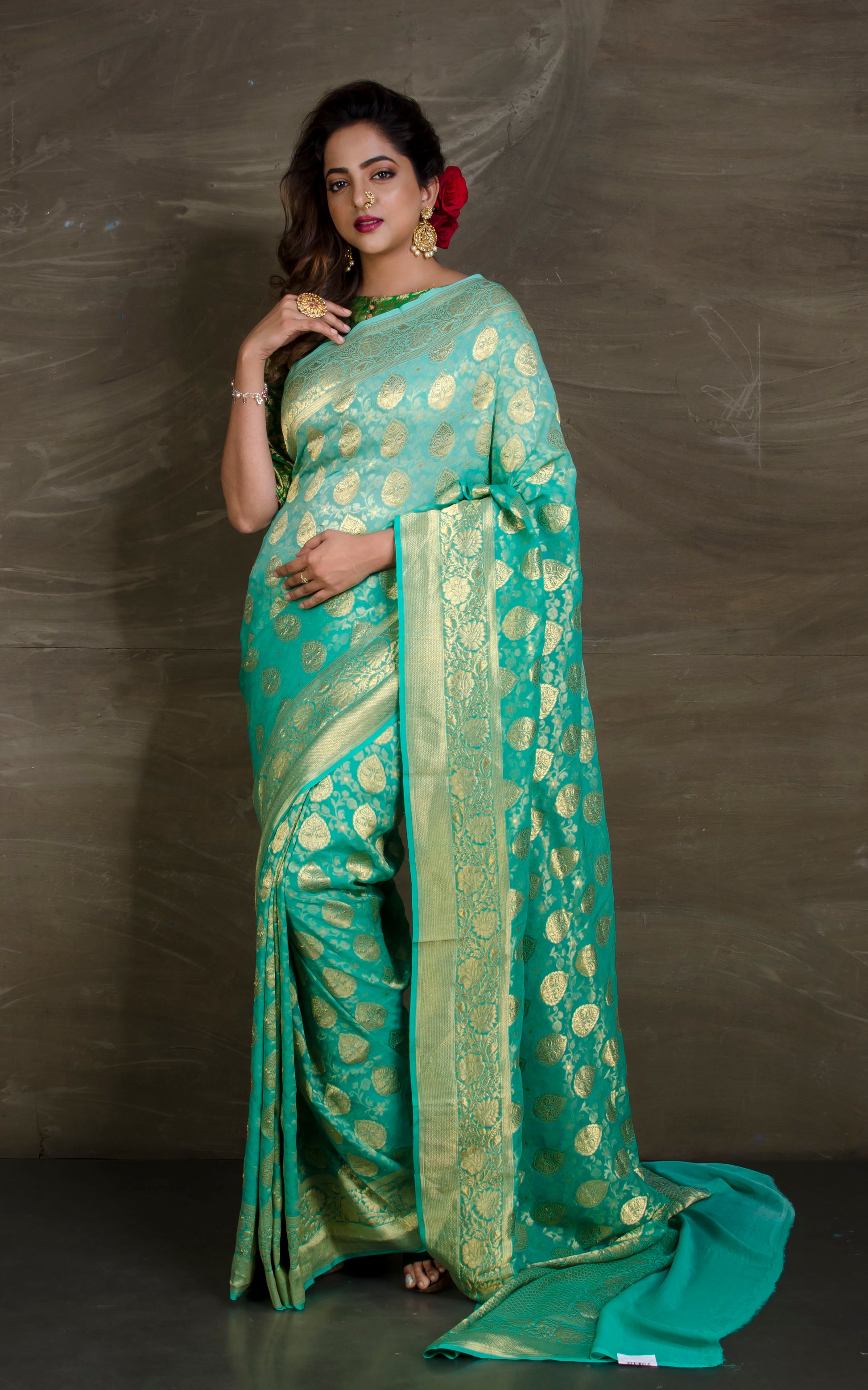 Pure Georgette Brocade Banarasi Saree in Sea green and Gold