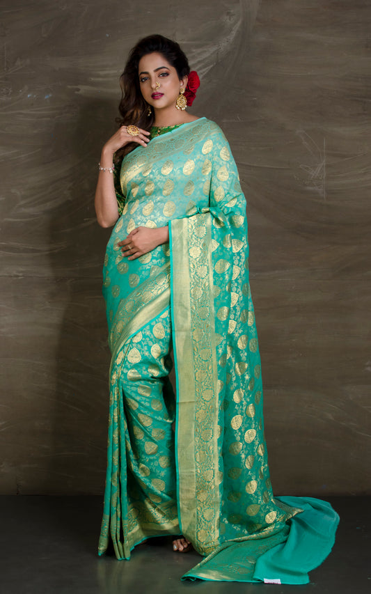 Pure Georgette Brocade Banarasi Saree in Sea green and Gold