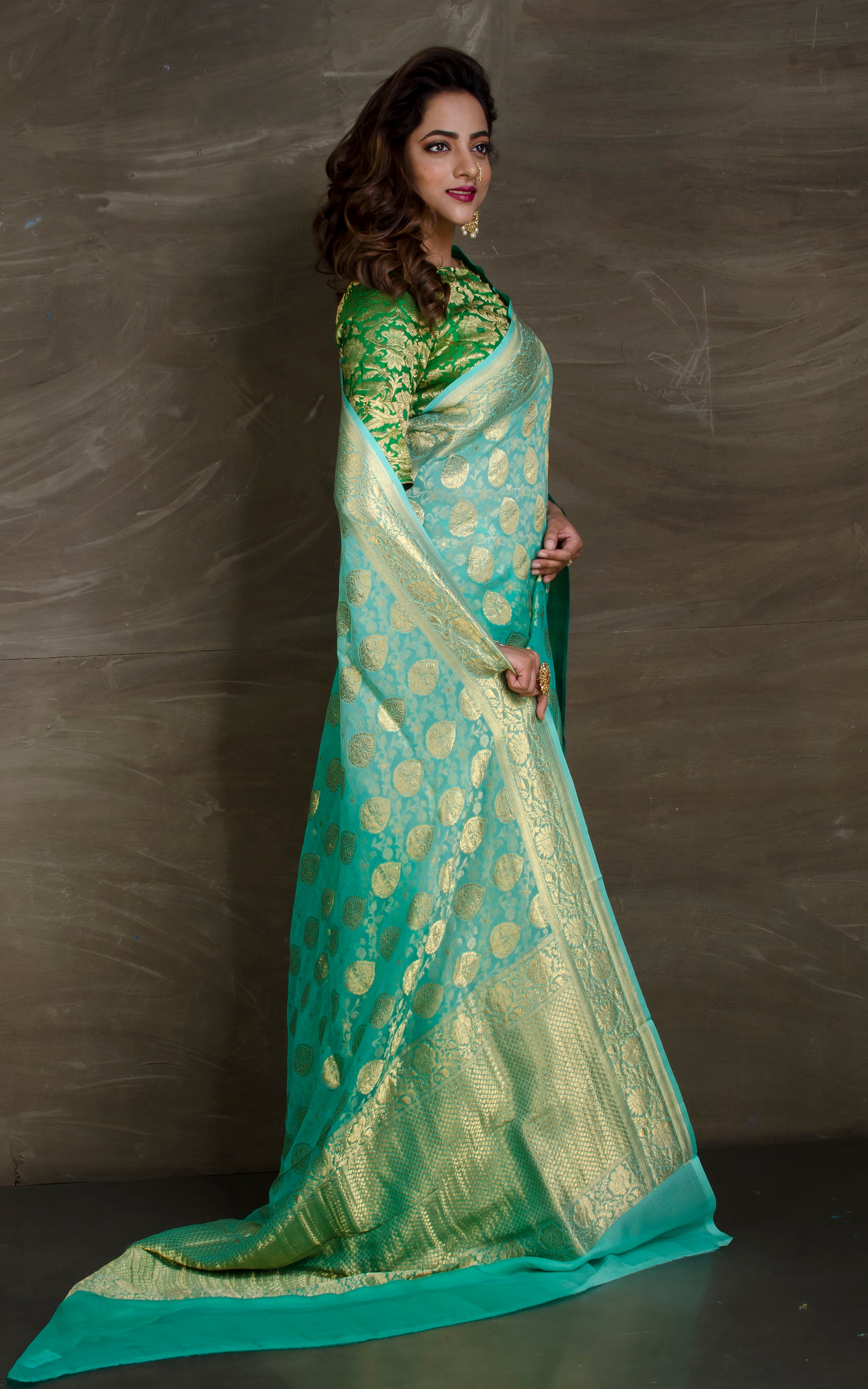 Pure Georgette Brocade Banarasi Saree in Sea green and Gold