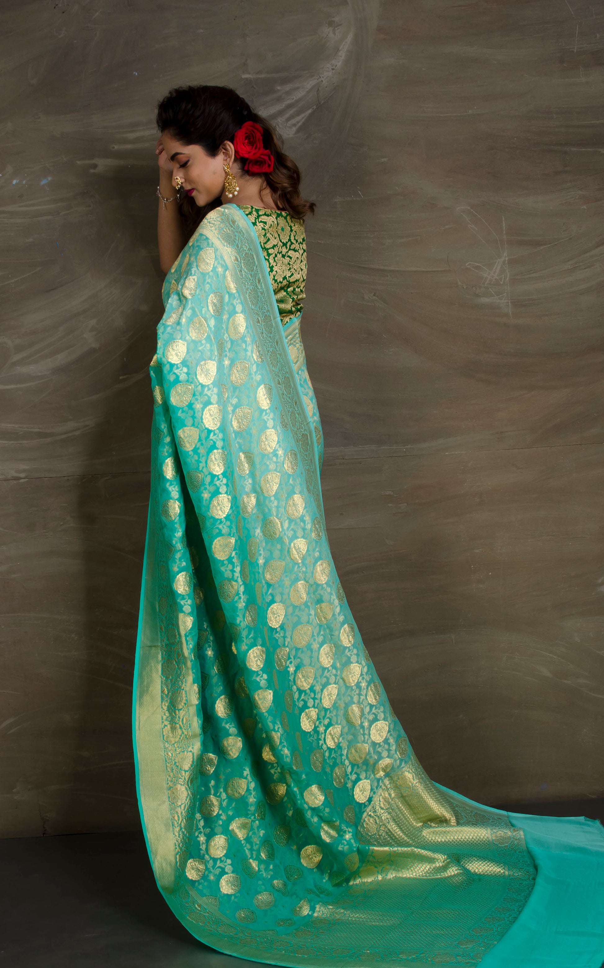 Pure Georgette Brocade Banarasi Saree in Sea green and Gold