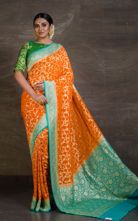 Pure Khaddi Georgette Banarasi Saree in Apricot Orange and Sea Green