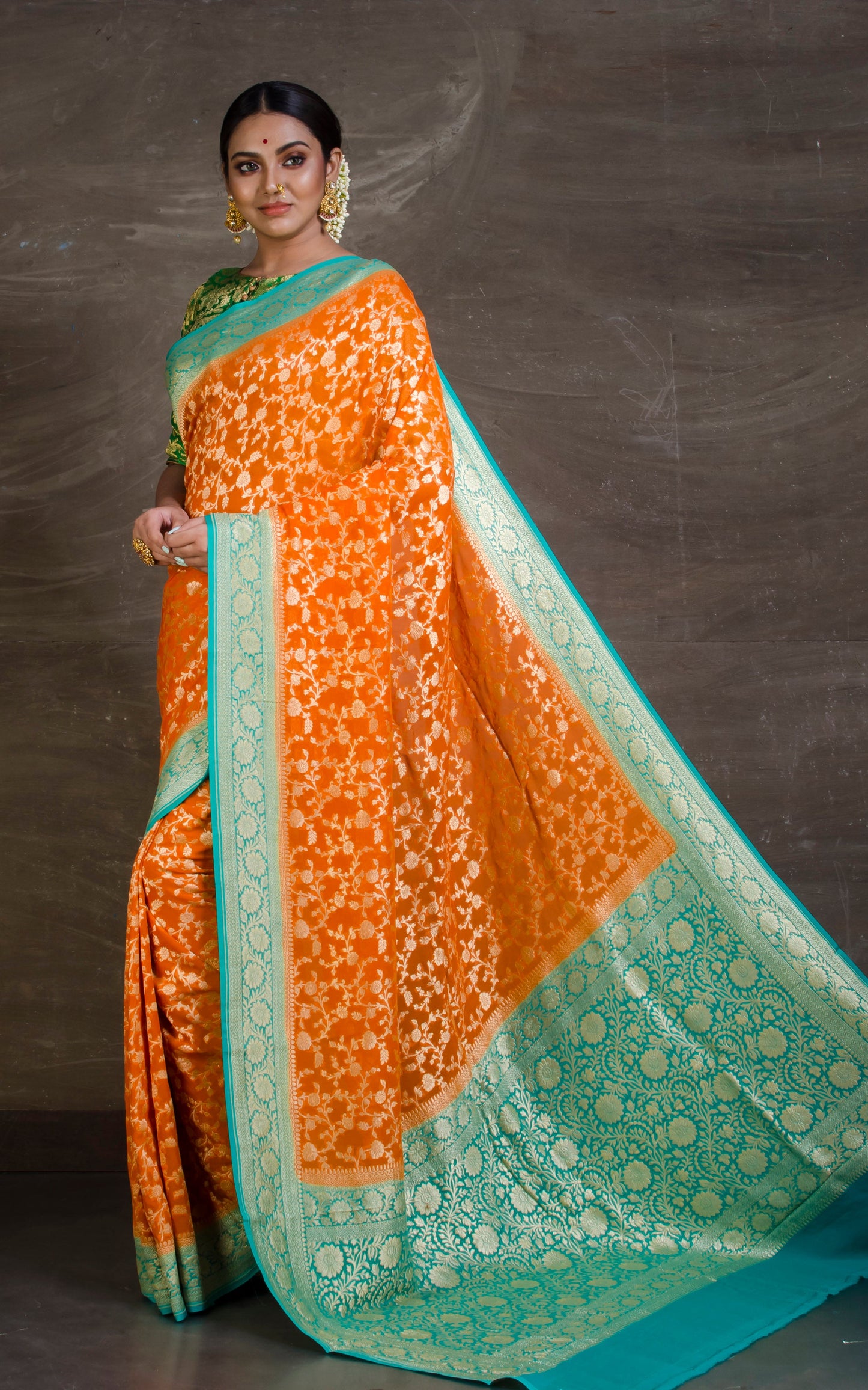 Pure Khaddi Georgette Banarasi Saree in Apricot Orange and Sea Green