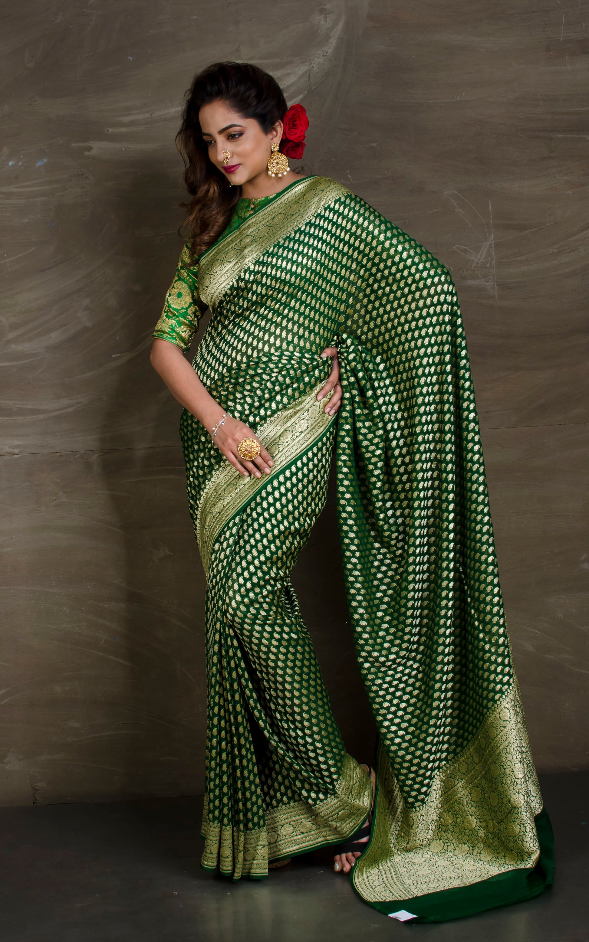 Pure Khaddi Georgette Banarasi Saree in Bottle green and Gold - Bengal Looms India