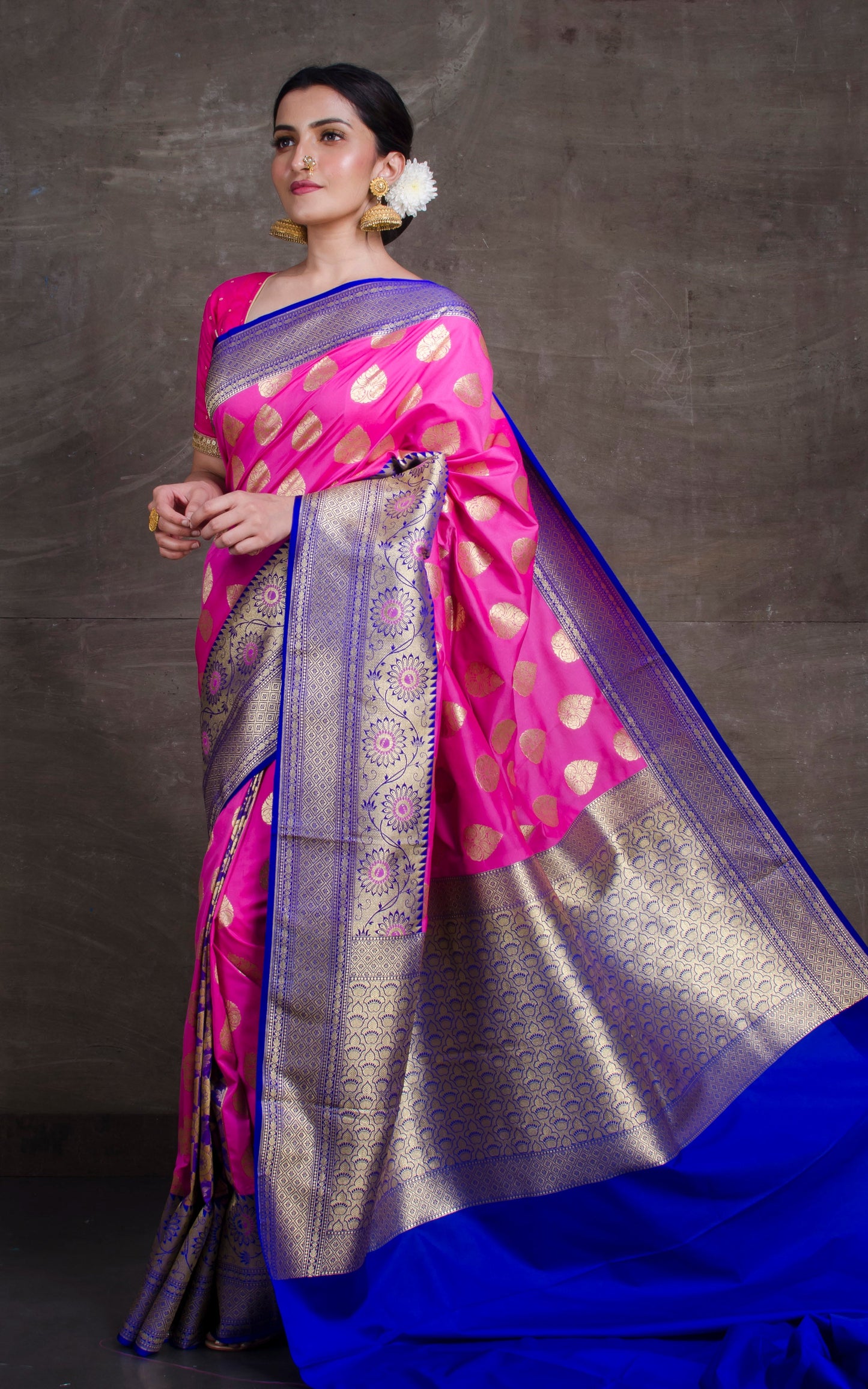 Patli Pallu Work Soft Designer Semi Katan Saree in Pink and Royal Blue