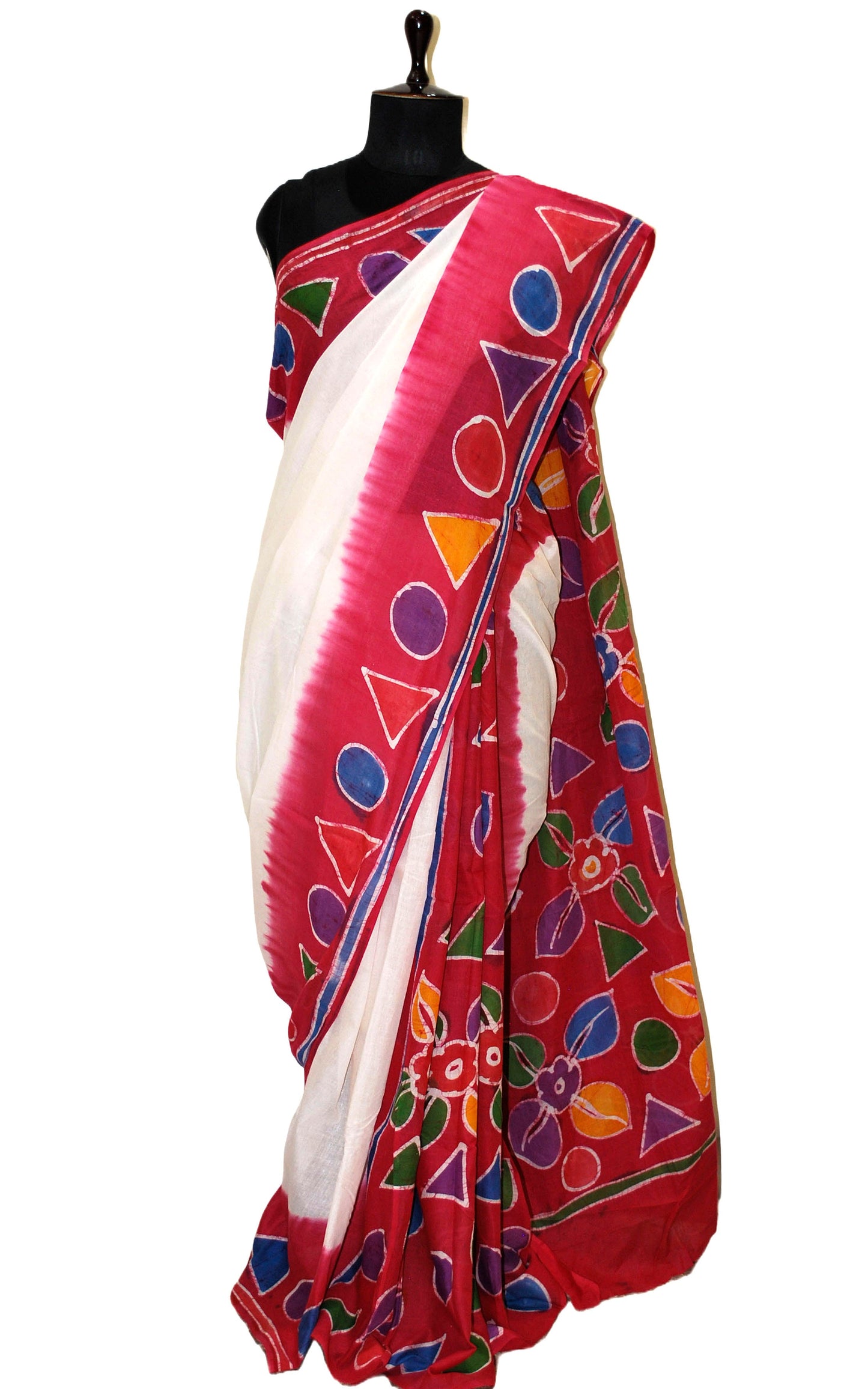 Super Soft Mulmul Cotton Batik Printed Saree in Off-white, Red and Multicolored