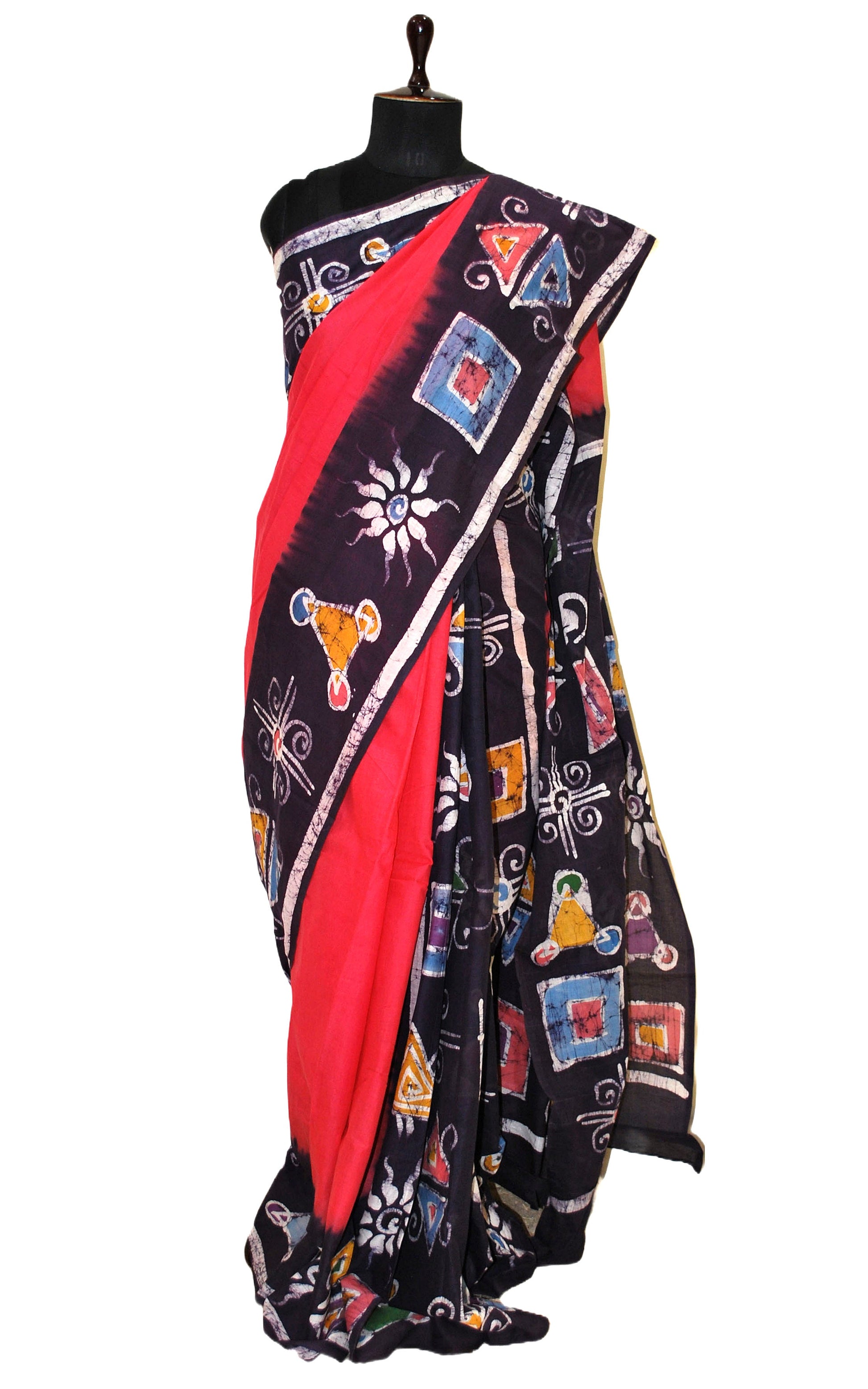 Super Soft Mulmul Cotton Batik Printed Saree in Dark Peach, Soot Black and Multicolored