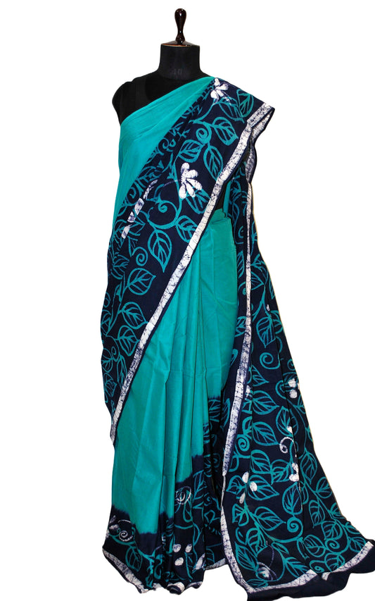 Super Soft Mulmul Cotton Batik Printed Saree in Sea Green, Off White and Midnight Blue