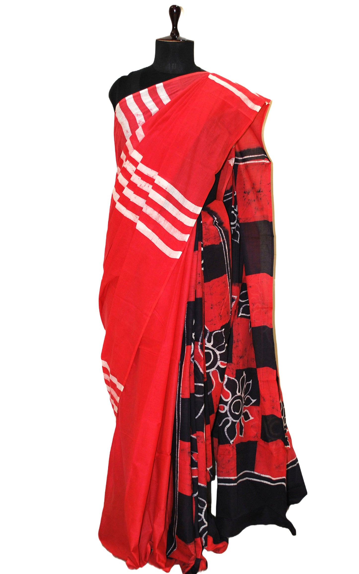 Super Soft Mulmul Cotton Batik Printed Saree in Tart Red, Off White and Black