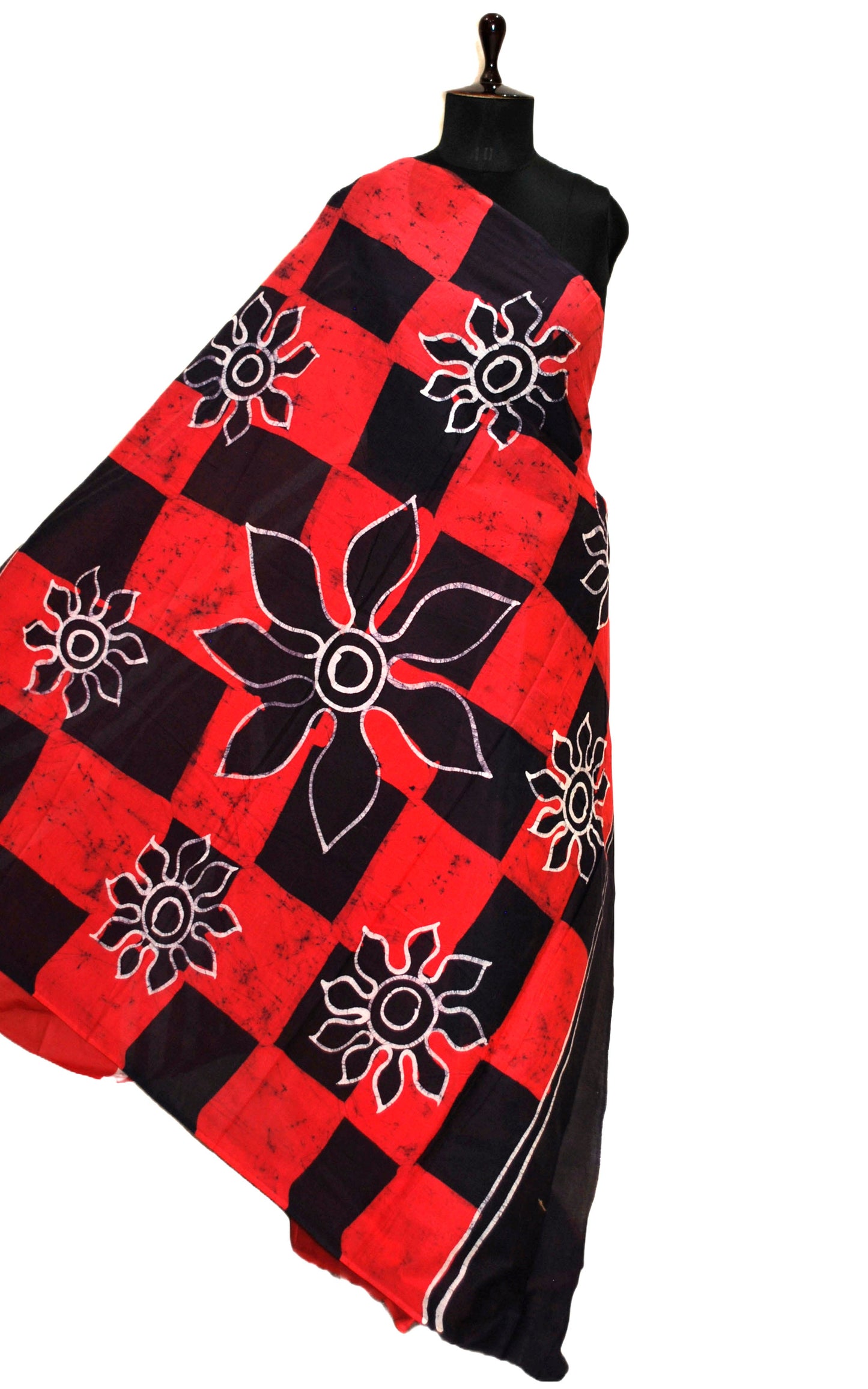 Super Soft Mulmul Cotton Batik Printed Saree in Tart Red, Off White and Black