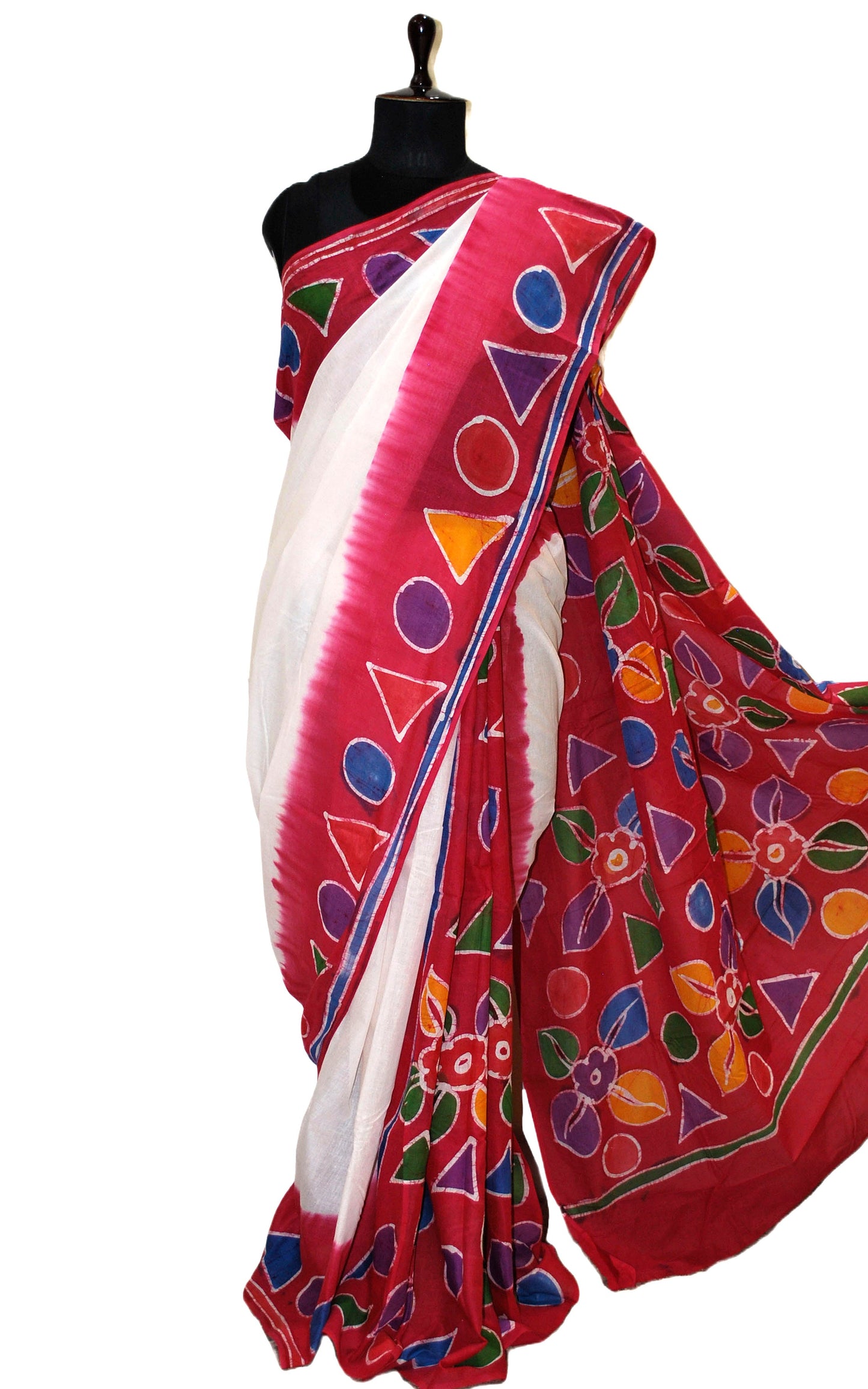 Super Soft Mulmul Cotton Batik Printed Saree in Off-white, Red and Multicolored