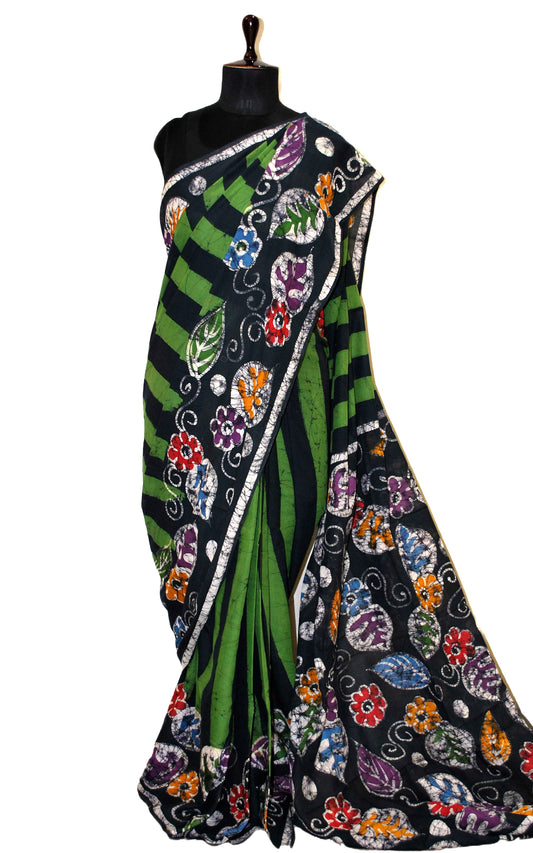 Super Soft Mulmul Cotton Batik Printed Saree in Pear Green, Black and Multicolored