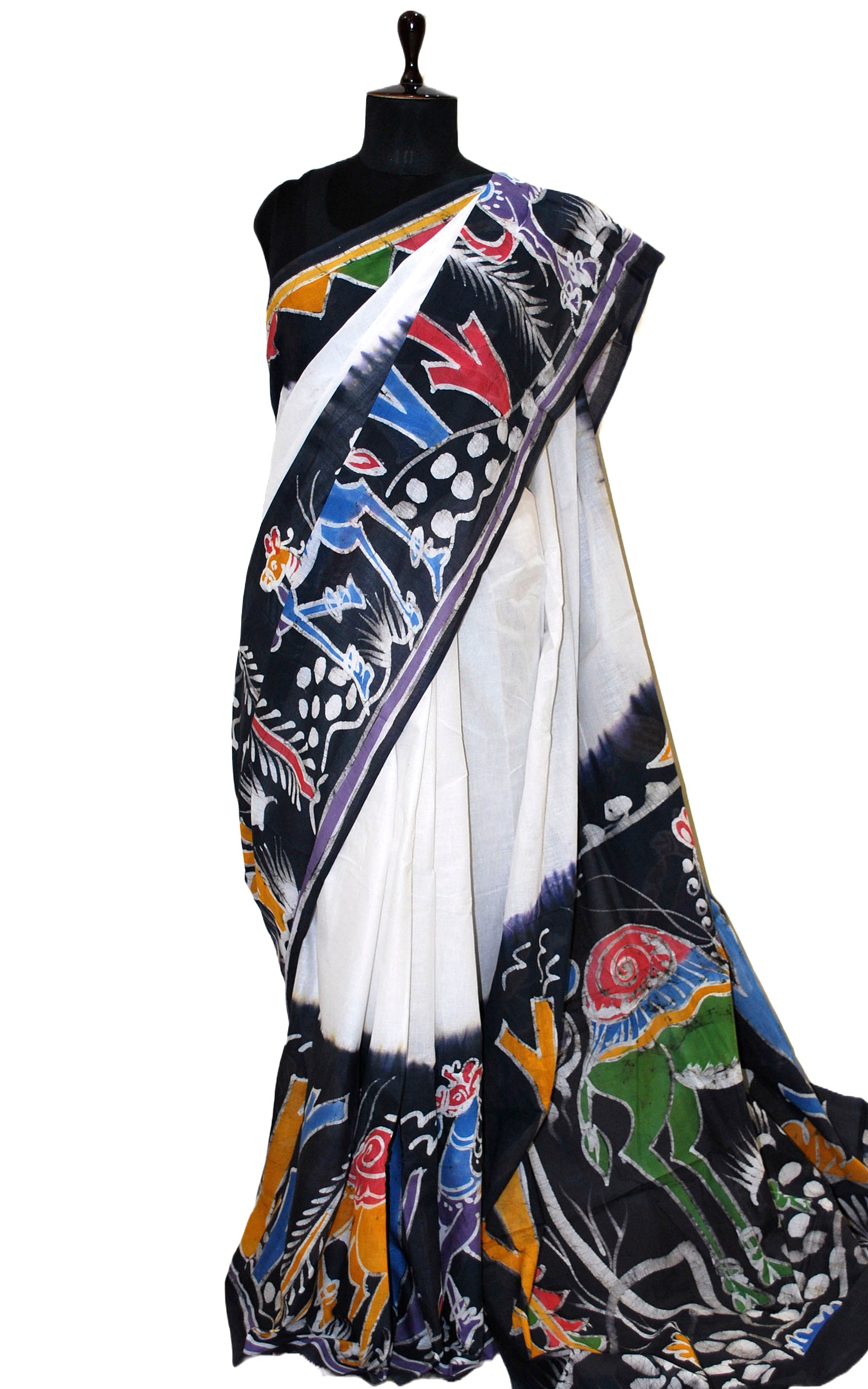 Super Soft Mulmul Cotton Batik Printed Saree in Off White, Sable Black and Multicolored