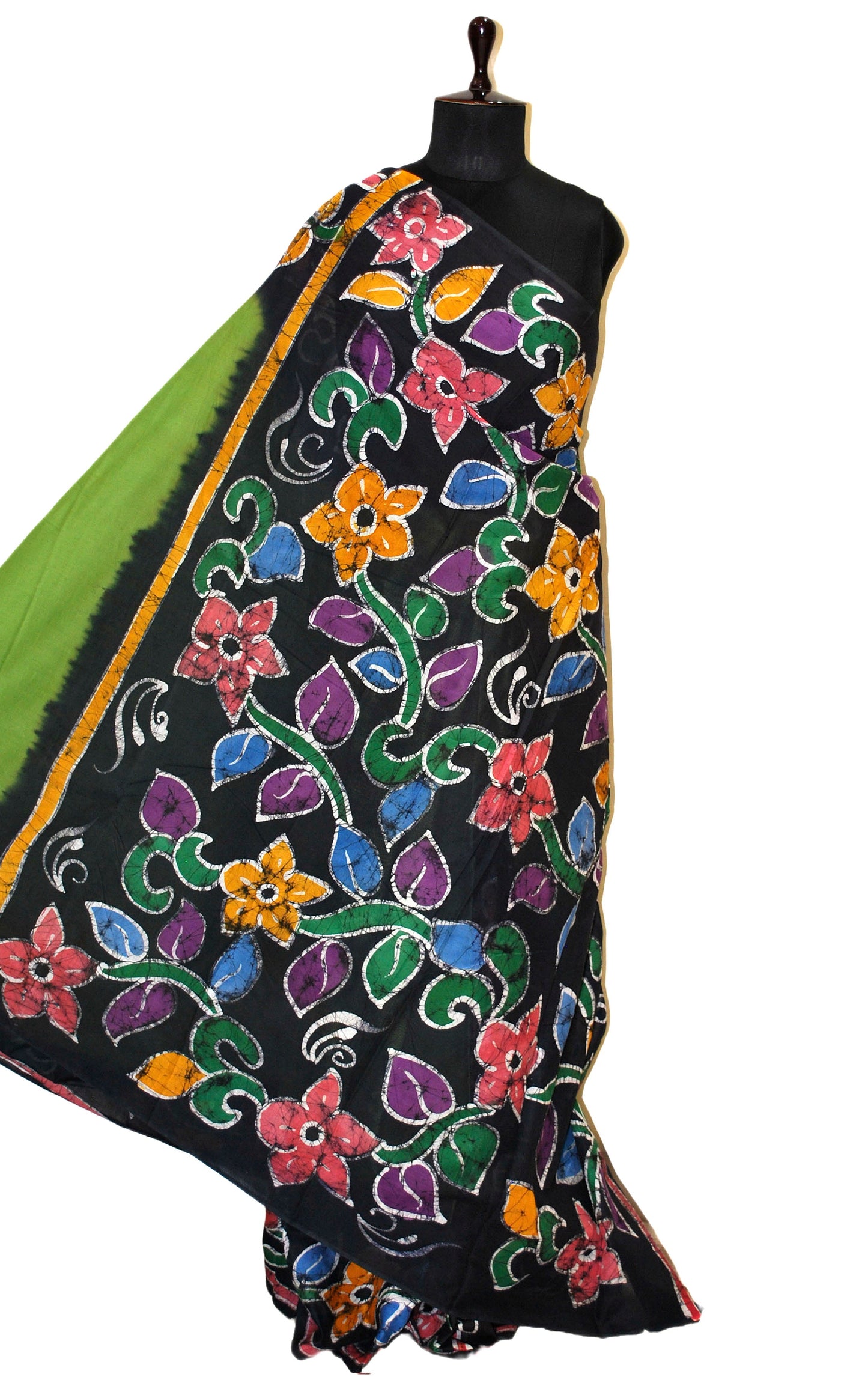 Super Soft Mulmul Cotton Batik Printed Saree in Green, Soot Black and Multicolored