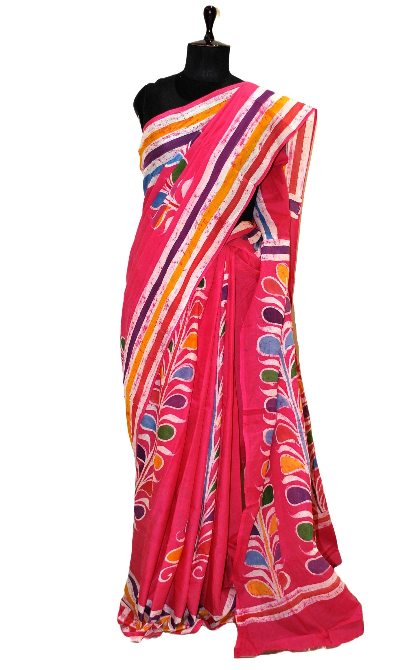 Super Soft Mulmul Cotton Batik Printed Saree in Fiery Rose Pink, Off White and Multicolored