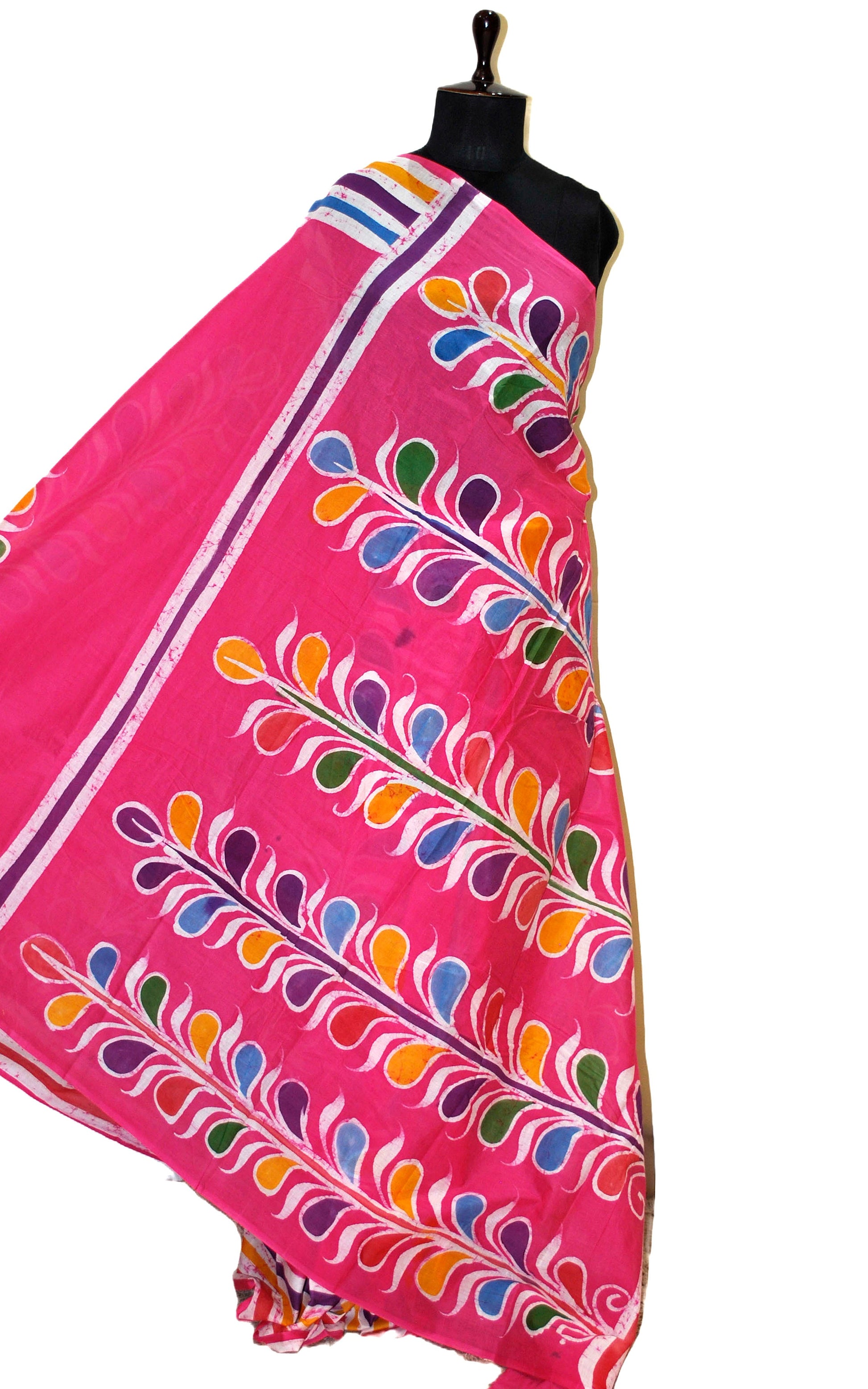 Super Soft Mulmul Cotton Batik Printed Saree in Fiery Rose Pink, Off White and Multicolored