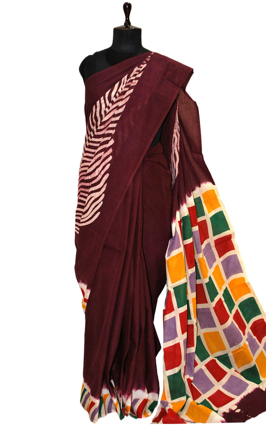 Super Soft Mulmul Cotton Batik Printed Saree in Mahogany, Off White and Multicolored