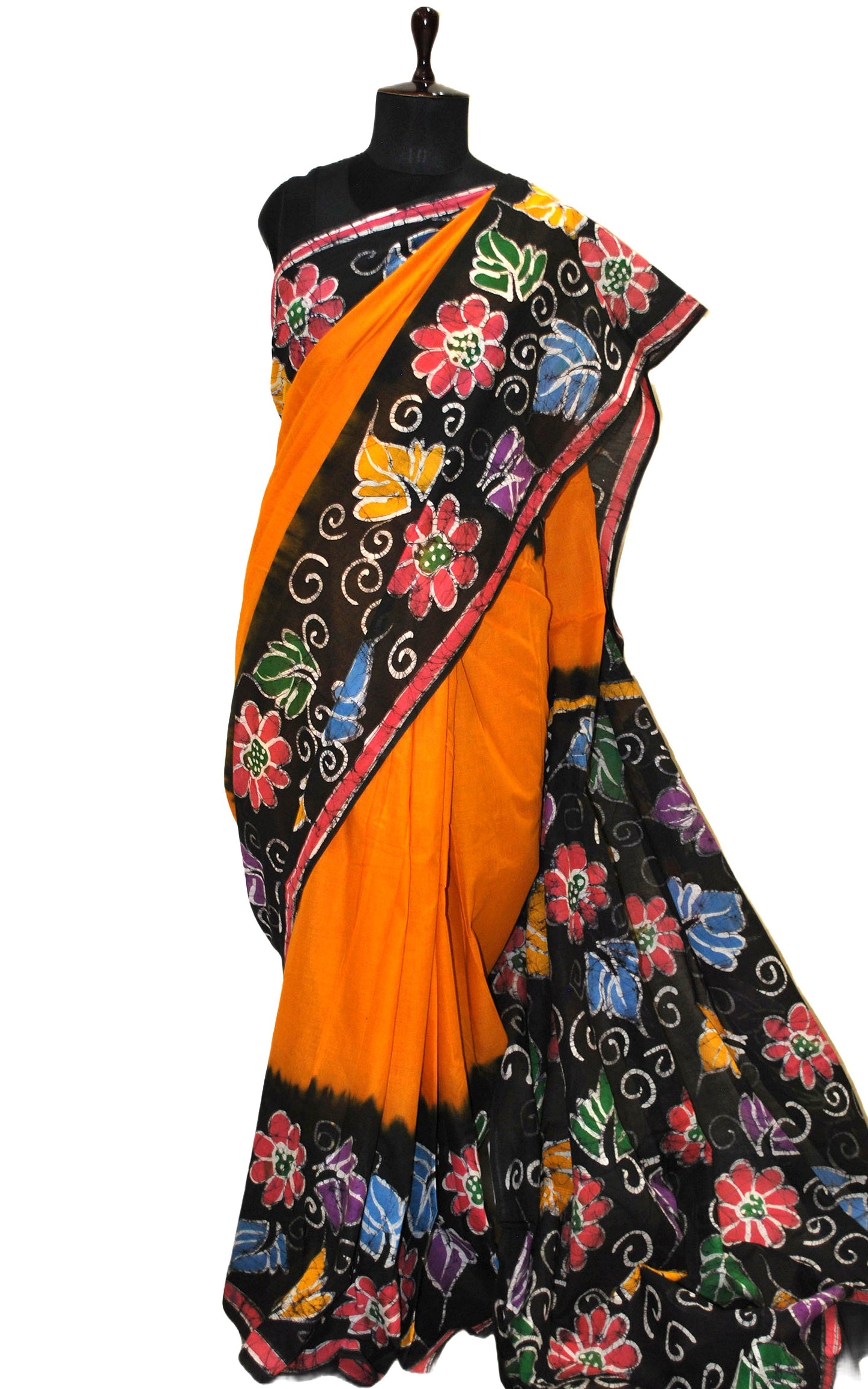 Super Soft Mulmul Cotton Batik Printed Saree in Golden Yellow, Soot Black and Multicolored