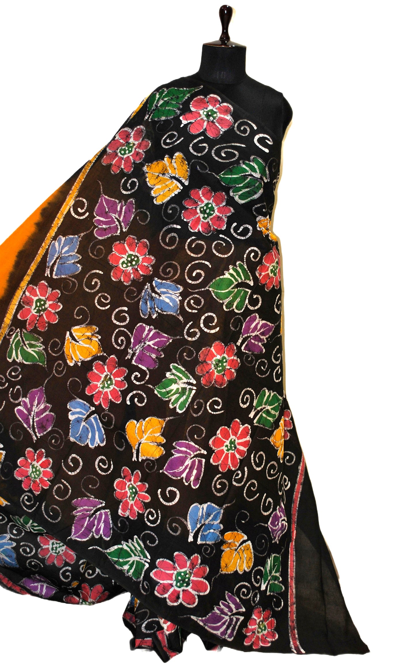 Super Soft Mulmul Cotton Batik Printed Saree in Golden Yellow, Soot Black and Multicolored