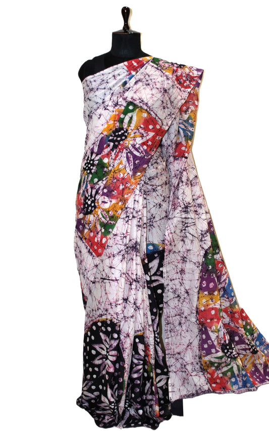 Super Soft Mulmul Cotton Batik Printed Saree in Pale White, Blackcurrant and Multicolored