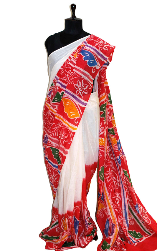 Super Soft Mulmul Cotton Batik Printed Saree in Off White, Red and Multicolored