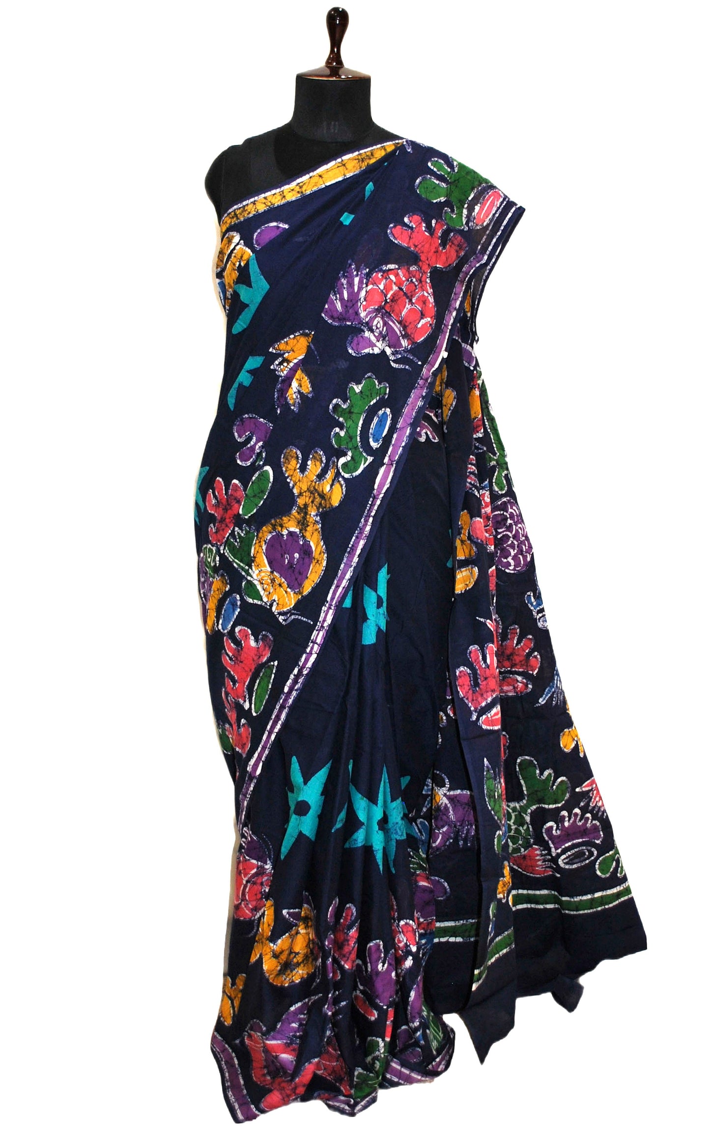 Super Soft Mulmul Cotton Batik Printed Saree in Midnight Blue and Multicolored