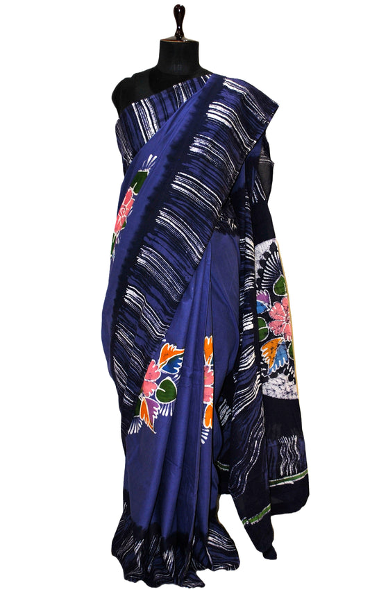 Super Soft Mulmul Cotton Batik Printed Saree in Cincinnati Blue, Midnight Blue and Multicolored