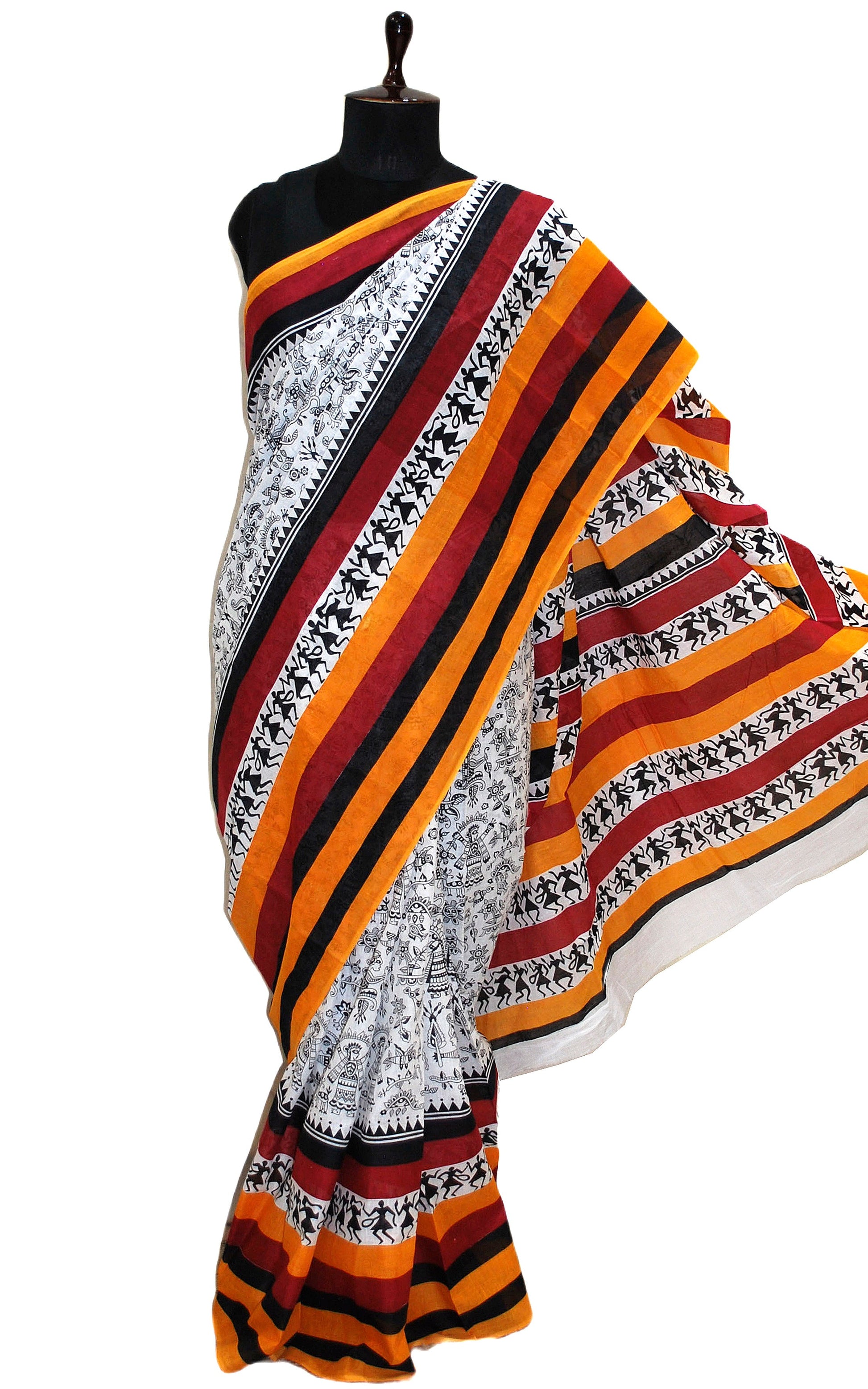 Mulmul Cotton Warli  Printed Saree in Off White, Black, Dark Red and Sunset Yellow