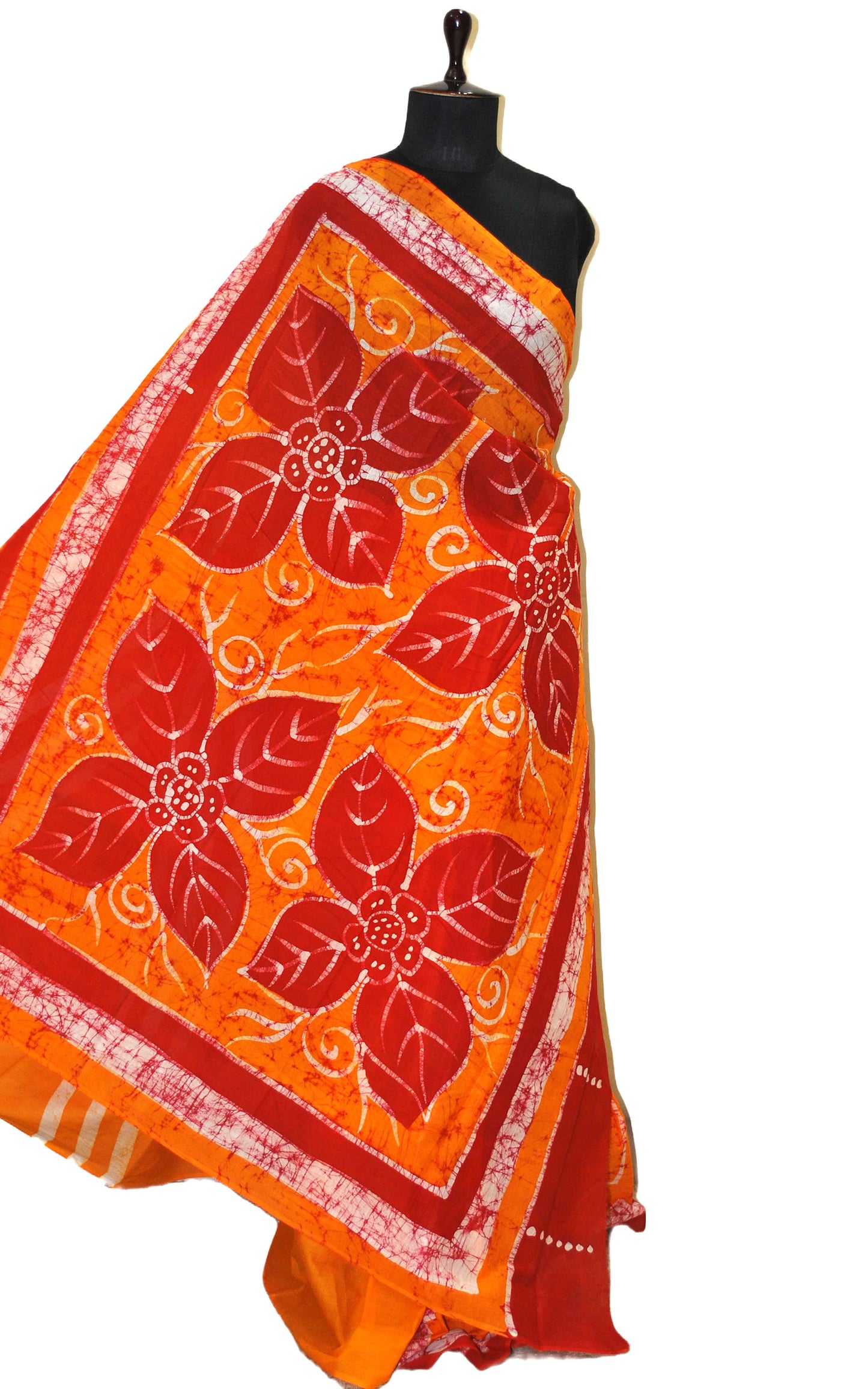 Super Soft Mulmul Cotton Batik Printed Saree in Yellow Orange, Off White and Red