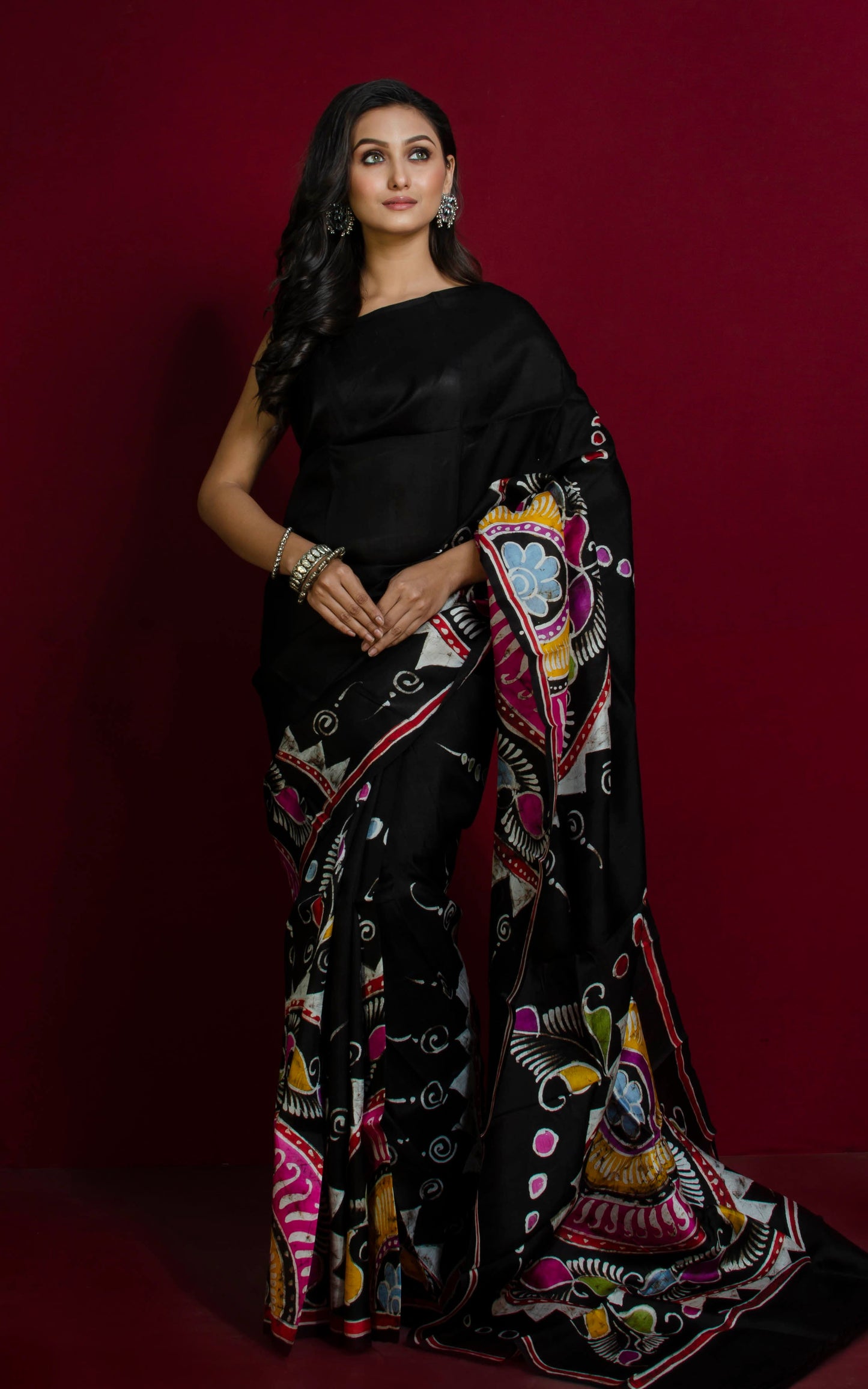 Hand Batik Pure Silk Saree in Grease Black, Off White and Multicolored