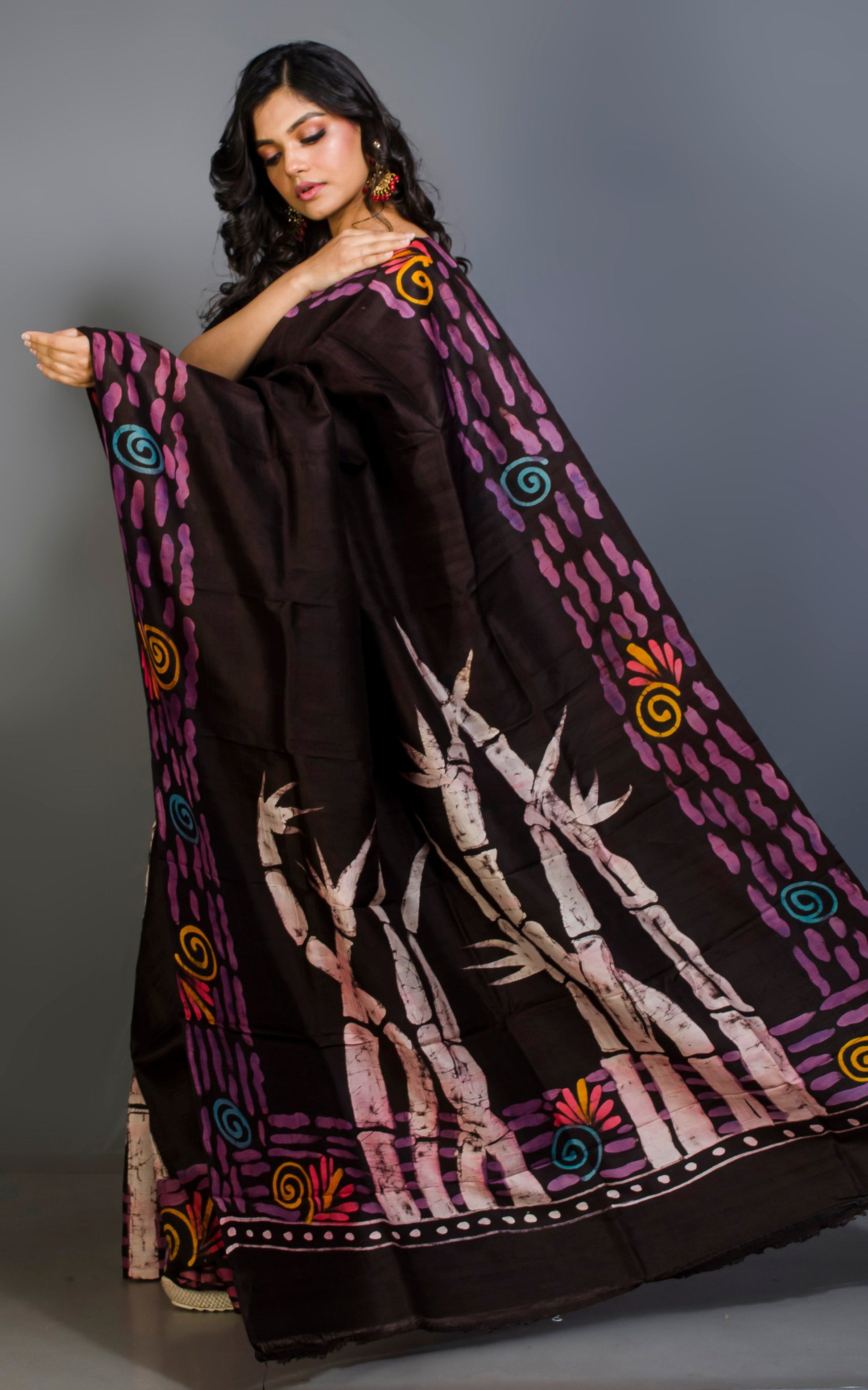 Hand Batik Pure Silk Saree in Dark Umber Brown, Beige and Multicolored