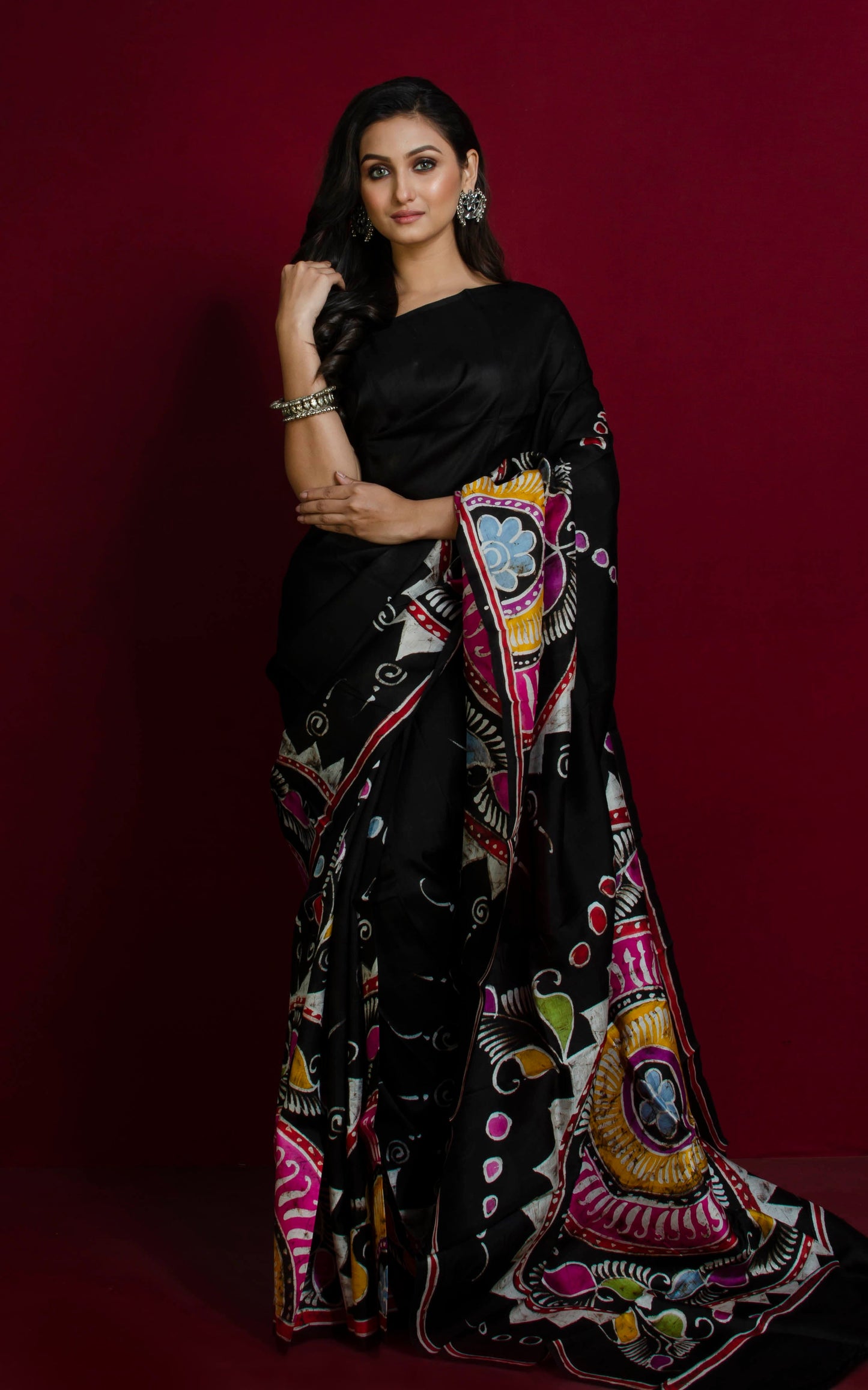 Hand Batik Pure Silk Saree in Grease Black, Off White and Multicolored