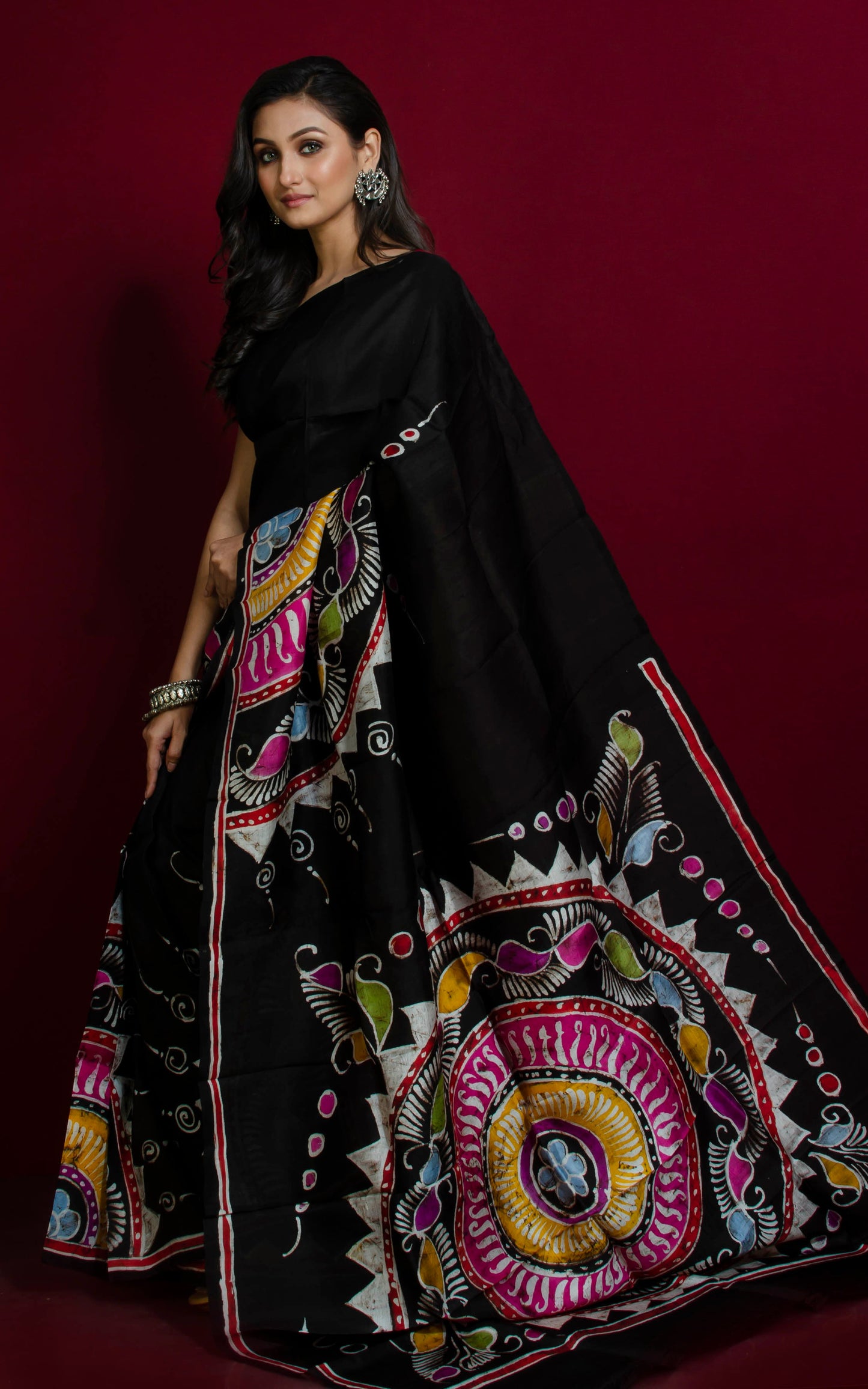 Hand Batik Pure Silk Saree in Grease Black, Off White and Multicolored