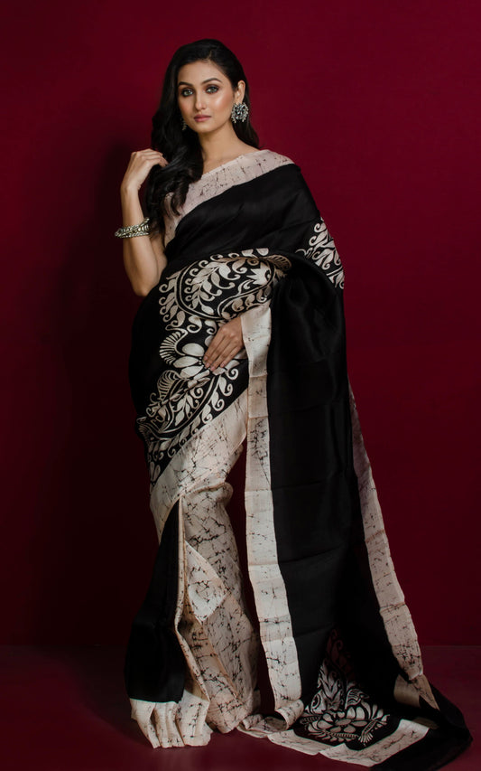 Hand Batik Pure Silk Saree in Leather Black and Bone White