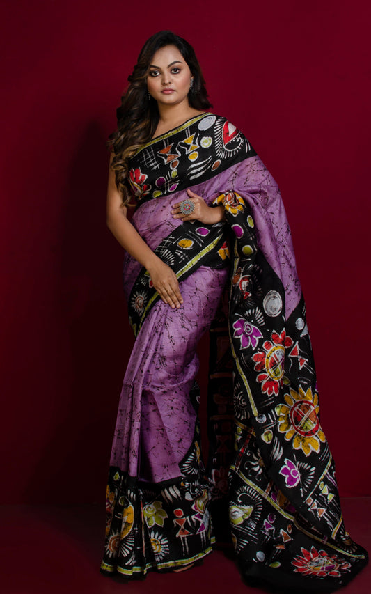 Hand Batik Pure Silk Saree in Lavender Purple, Black and Multicolored