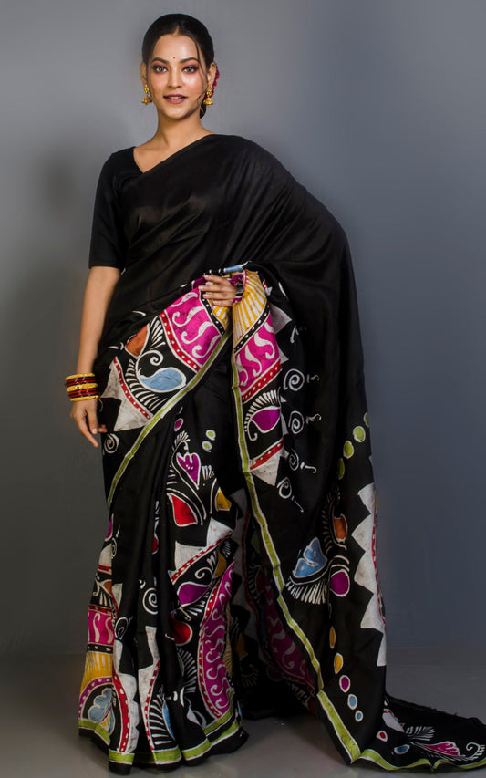 Hand Batik Pure Silk Saree in Grease Black, Off White, Hot Pink and Multicolored