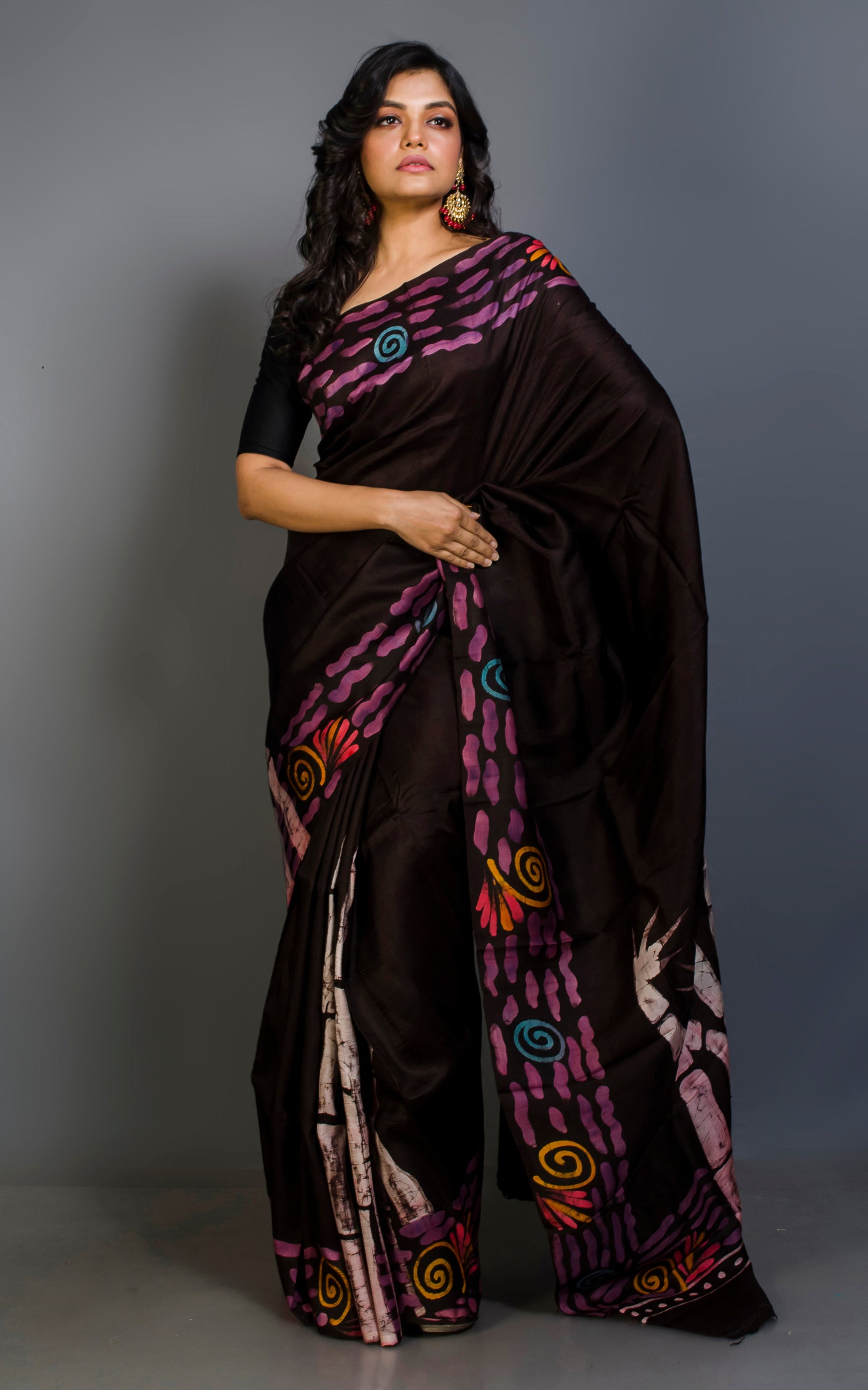 Hand Batik Pure Silk Saree in Dark Umber Brown, Beige and Multicolored