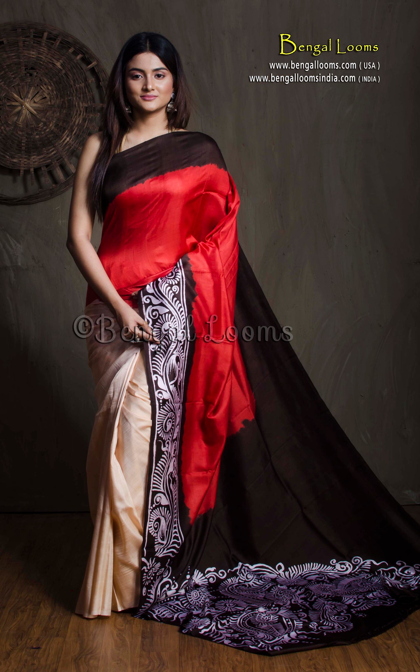 Hand Batik Pure Silk Saree in Red, Beige, Black and Off White