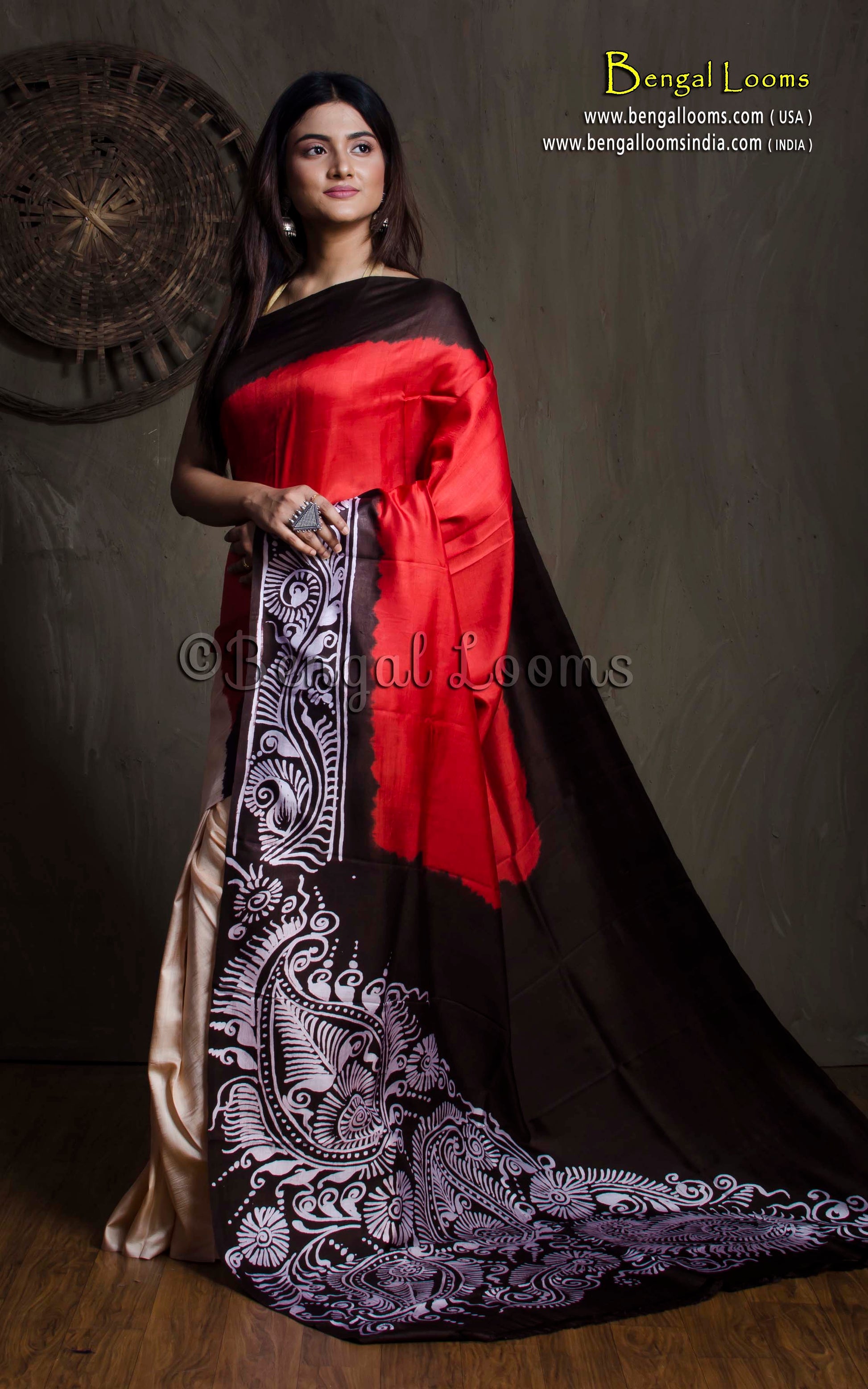 Hand Batik Pure Silk Saree in Red, Beige, Black and Off White