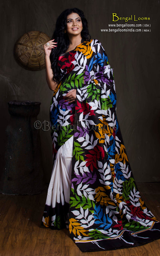 Hand Batik Pure Silk Saree in Off White, Black and Multicolored