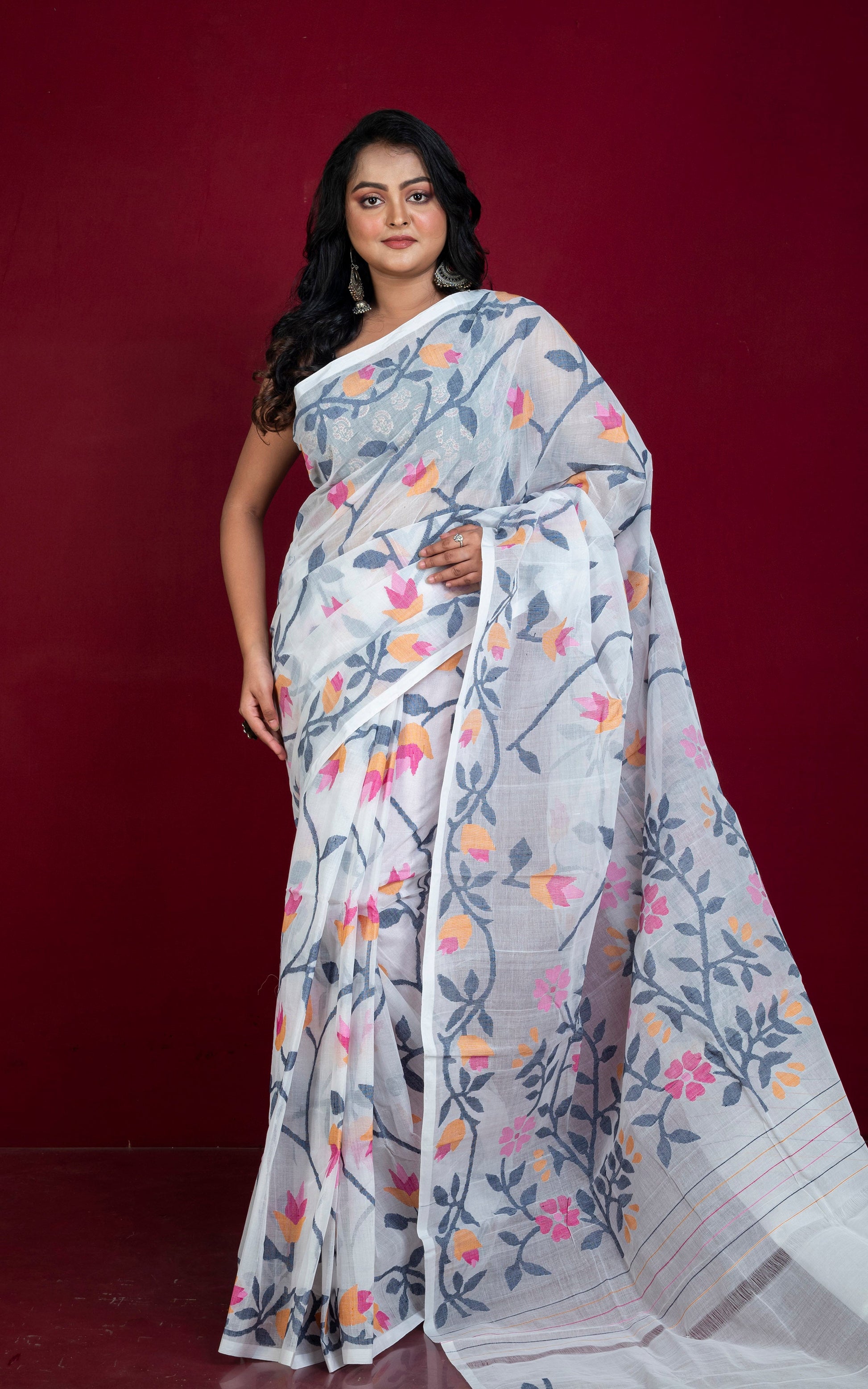 Bengal's Pride Premium Hand Woven Jangla Jaal Work Cotton Dhakai Jamdani Saree in Off White, Black, Amber, Taffy Pink and Hot Pink Thread Work