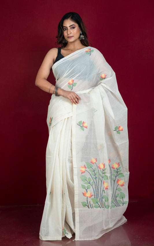 Premium Quality Hand Work Cotton Dhakai Jamdani Saree in Vista White and Multicolored Thread Work 