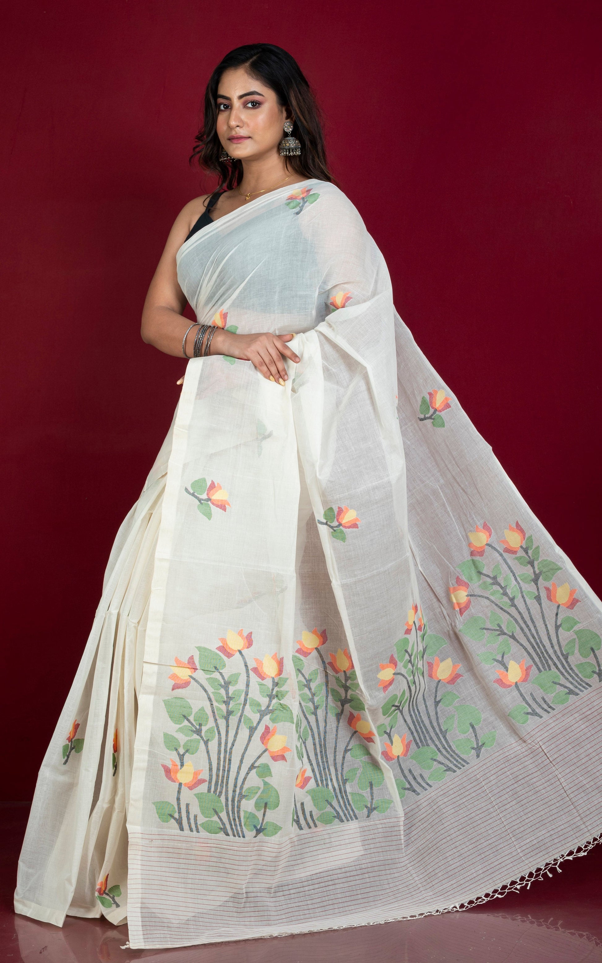 Premium Quality Hand Work Cotton Dhakai Jamdani Saree in Vista White and Multicolored Thread Work 