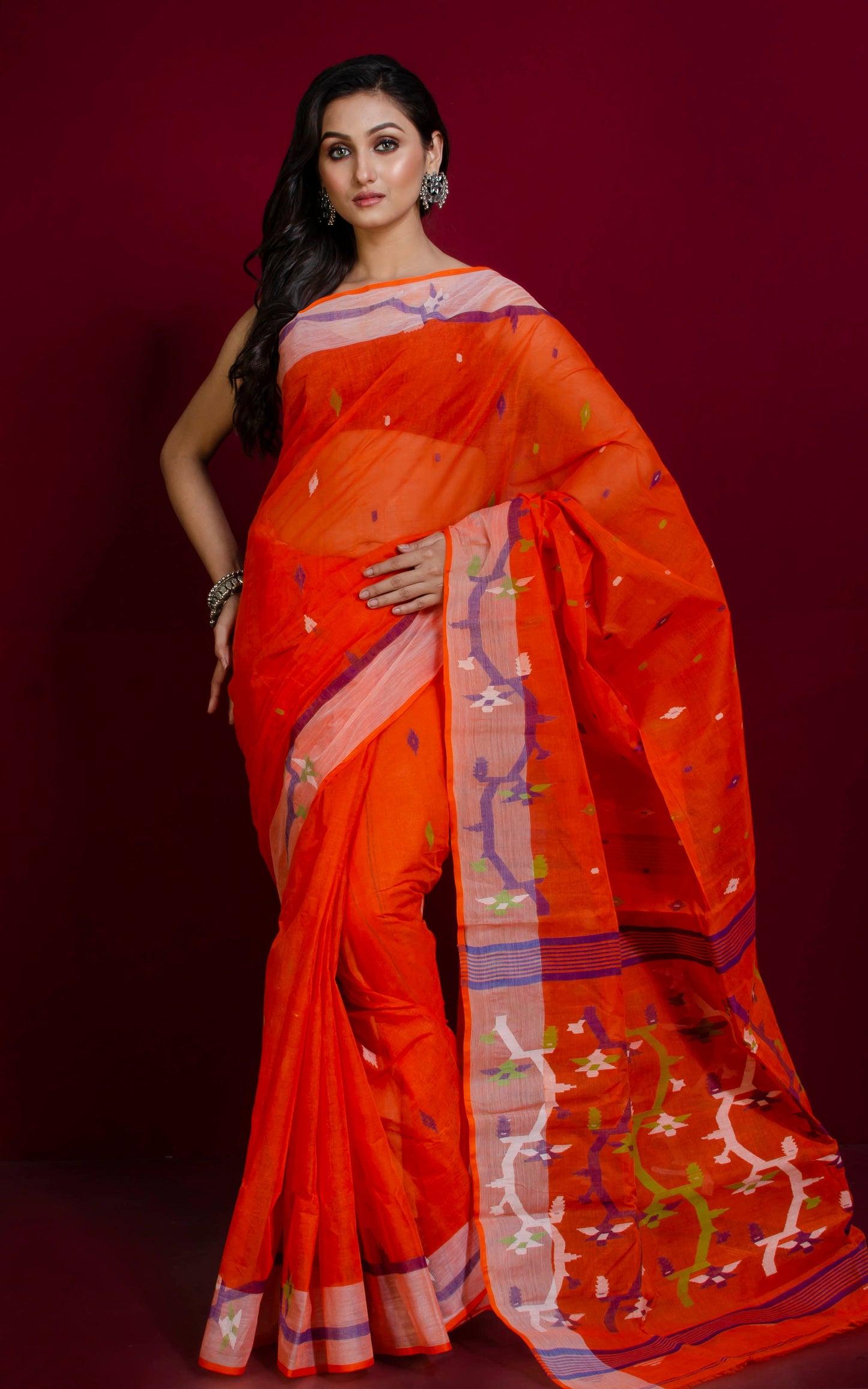 Hand Work Cotton Dhakai Jamdani Saree in Orange and Multicolored Thread Work